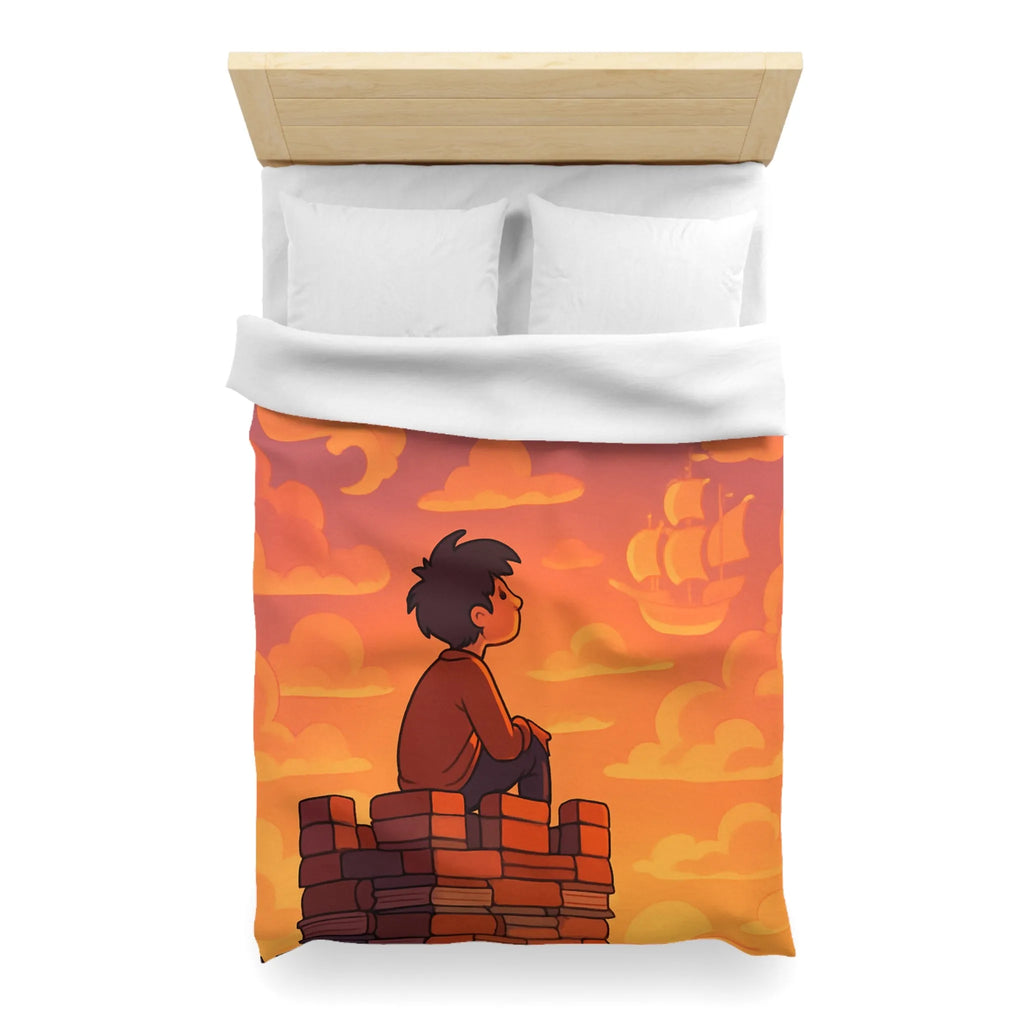 Housse de couette fantastique avec château, dragon et nuages pour enfants rêveurs