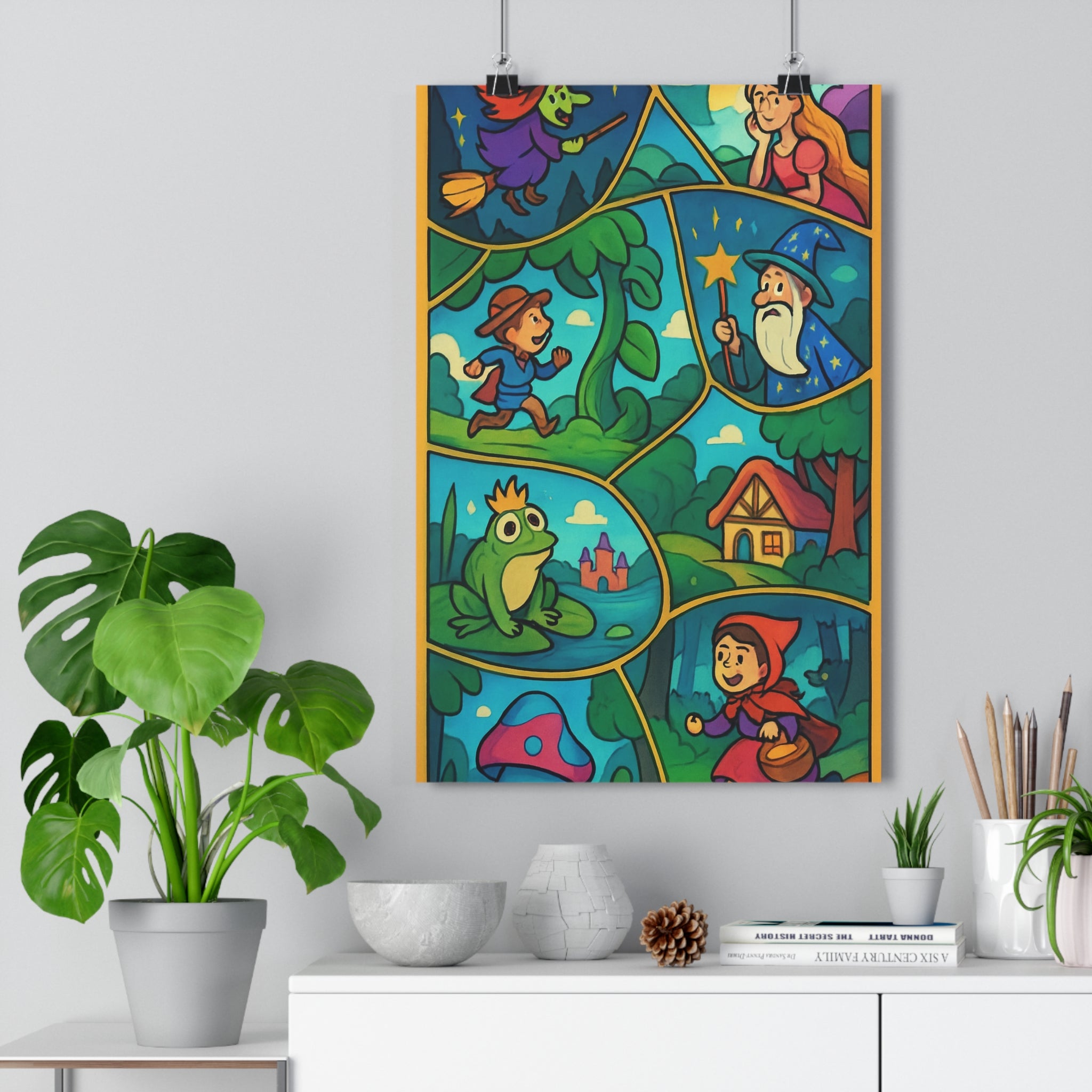 Poster décoratif fantaisiste féerique vibrant surréaliste chambre enfant sorcière princesse magicien forêt château rouge