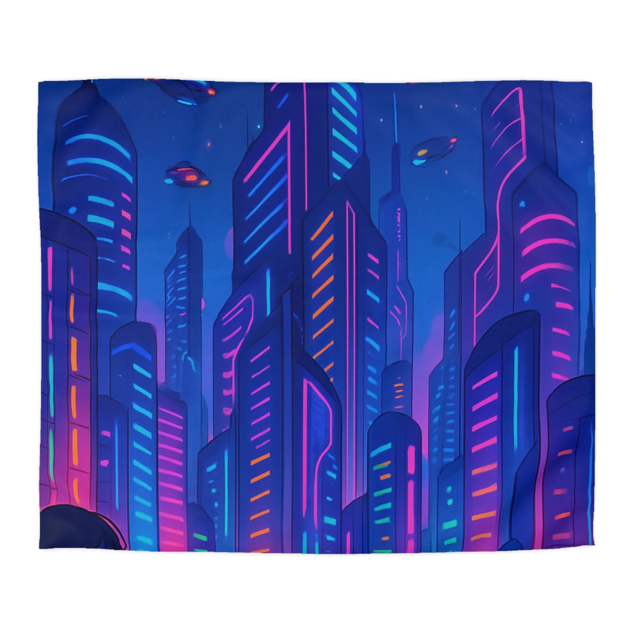 Housse de Couette Futuriste avec Gratte-Ciels Néons et Vaisseaux Spatiaux Lumineux pour Enfants