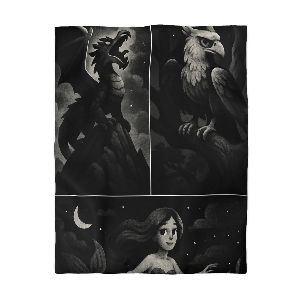 Housse de couette avec motifs de créatures fantastiques dragon, griffon et sirène en noir et gris