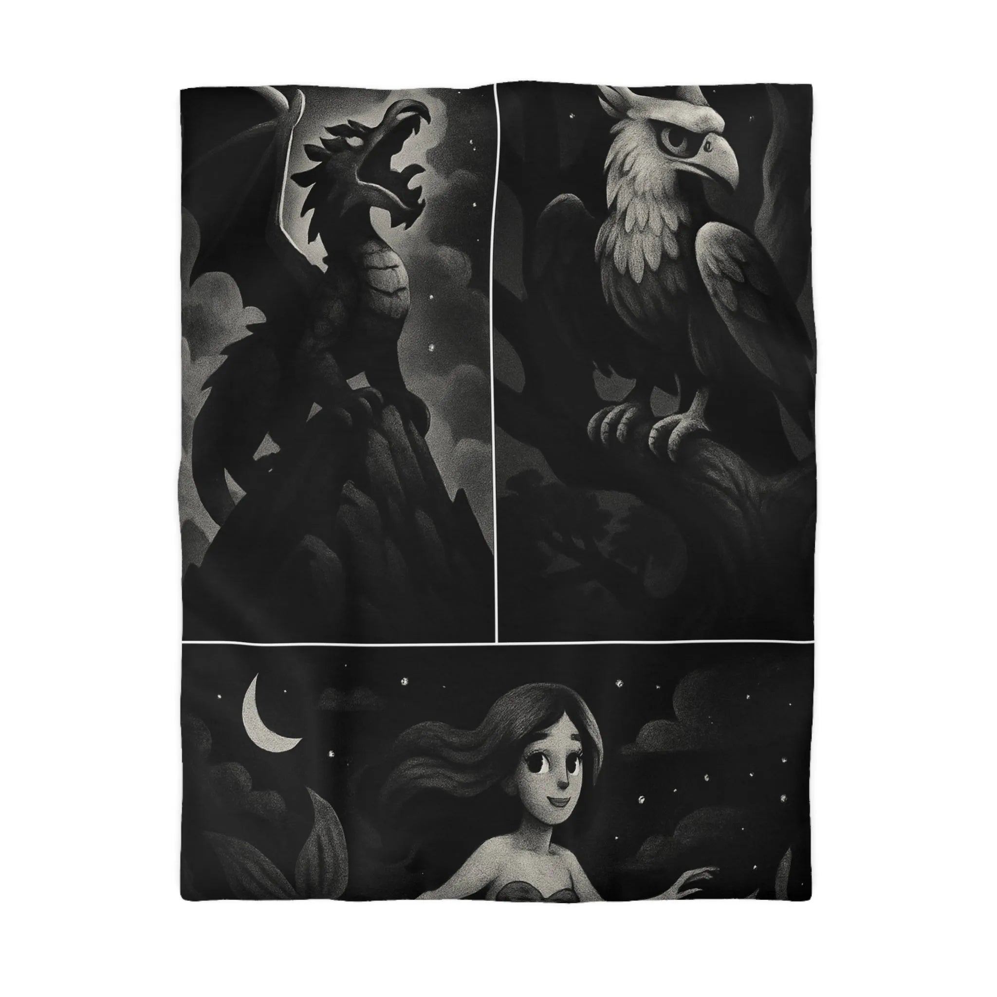 Housse de couette avec motifs de créatures fantastiques dragon, griffon et sirène en noir et gris