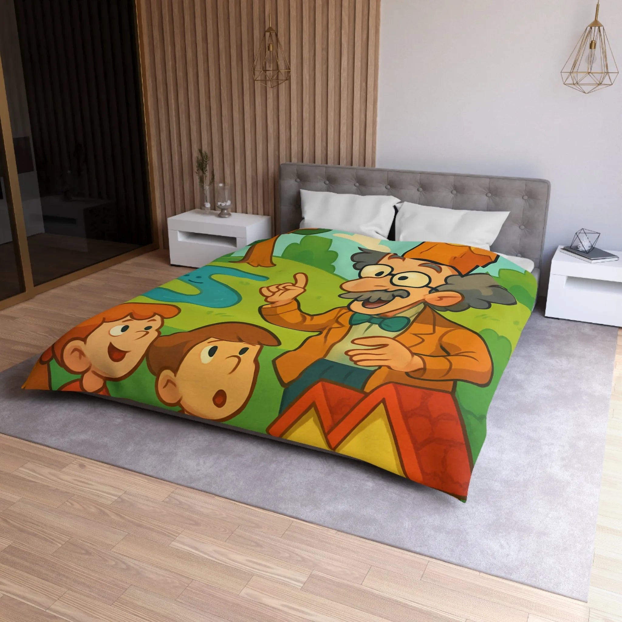 Housse de couette colorée avec un professeur et enfants dans un paysage enchanteur