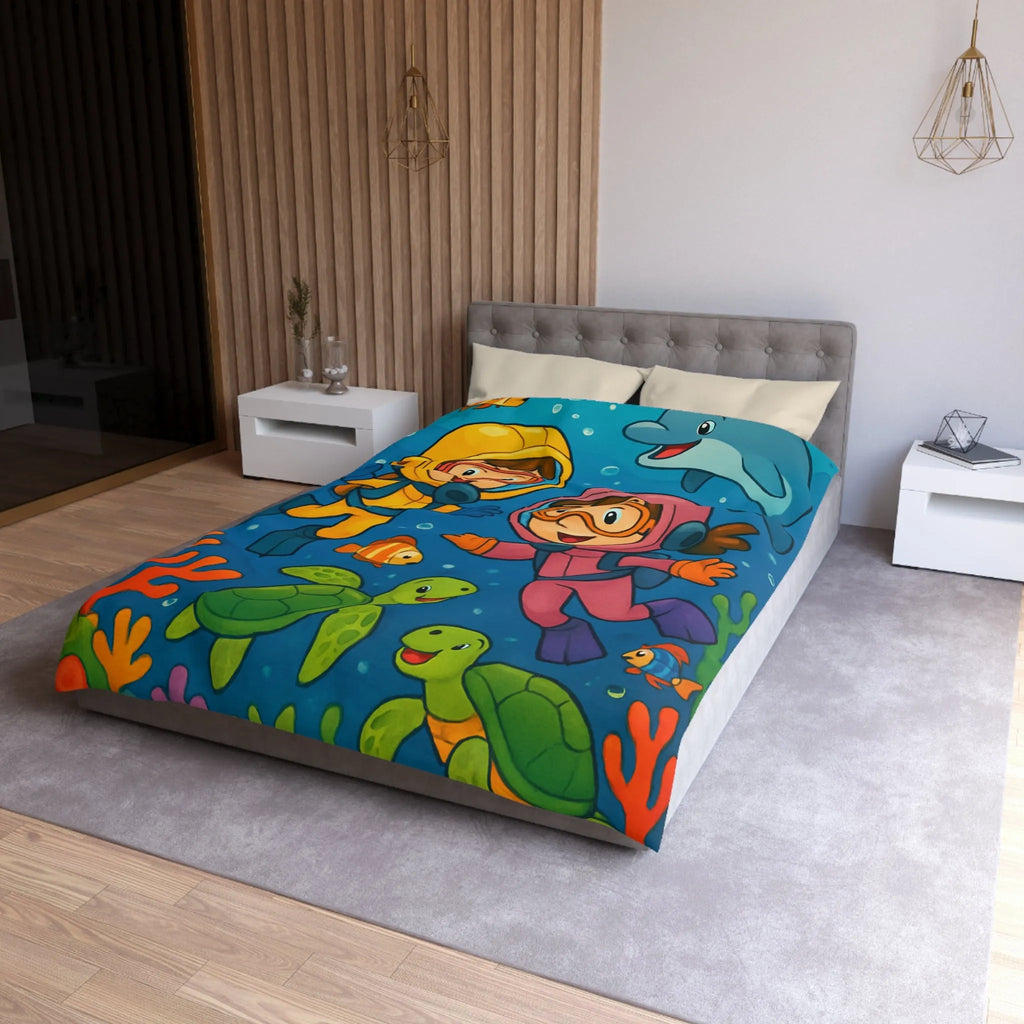 Housse de couette ludique pour enfant avec plongeurs et animaux marins multicolores