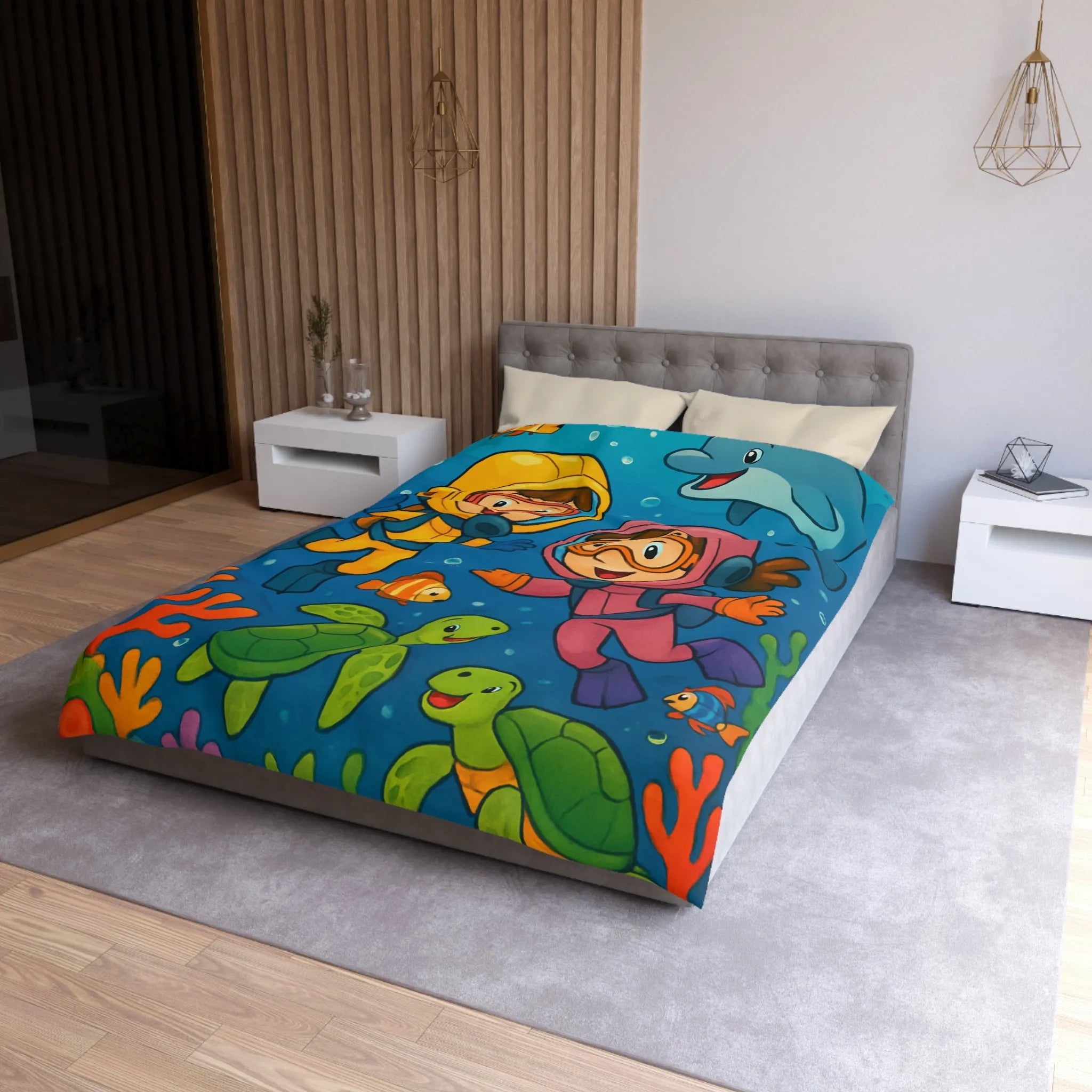 Housse de couette ludique pour enfant avec plongeurs et animaux marins multicolores