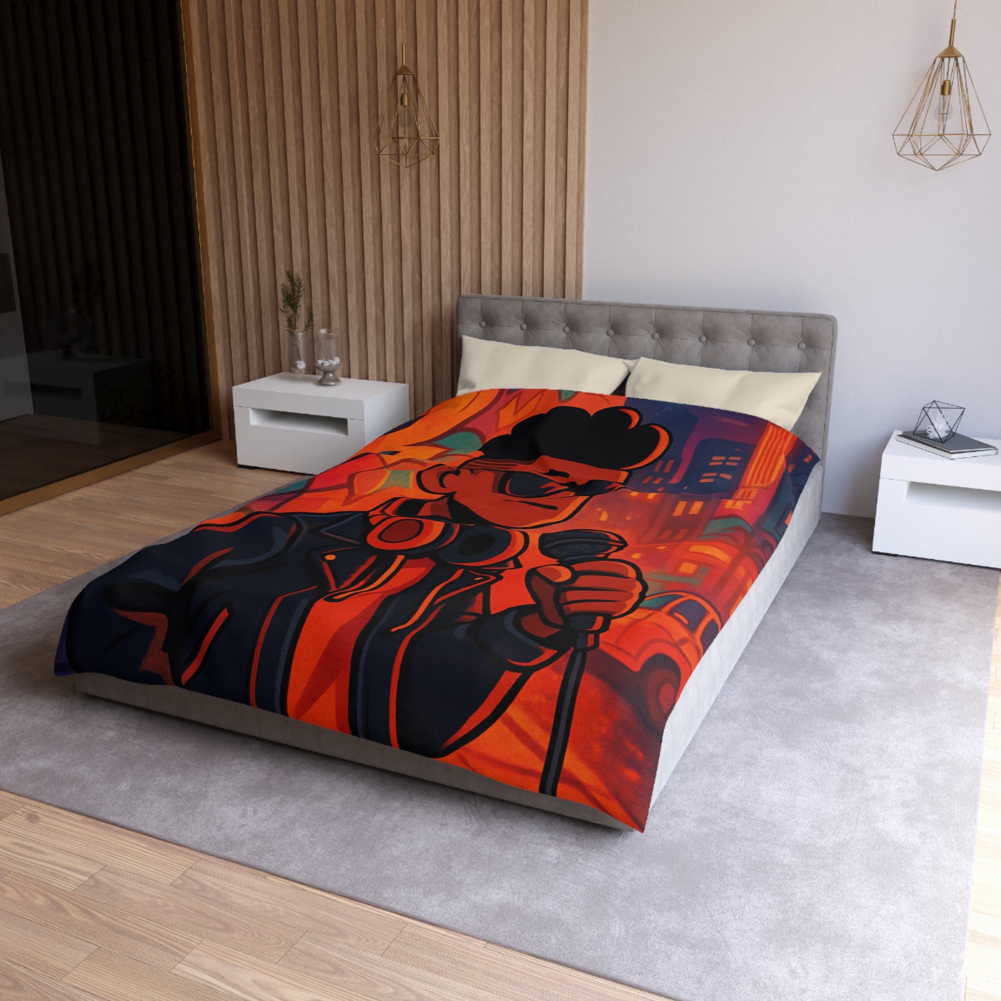 Housse de couette urbaine rétro avec chanteur hip-hop et graphismes vibrants de ville