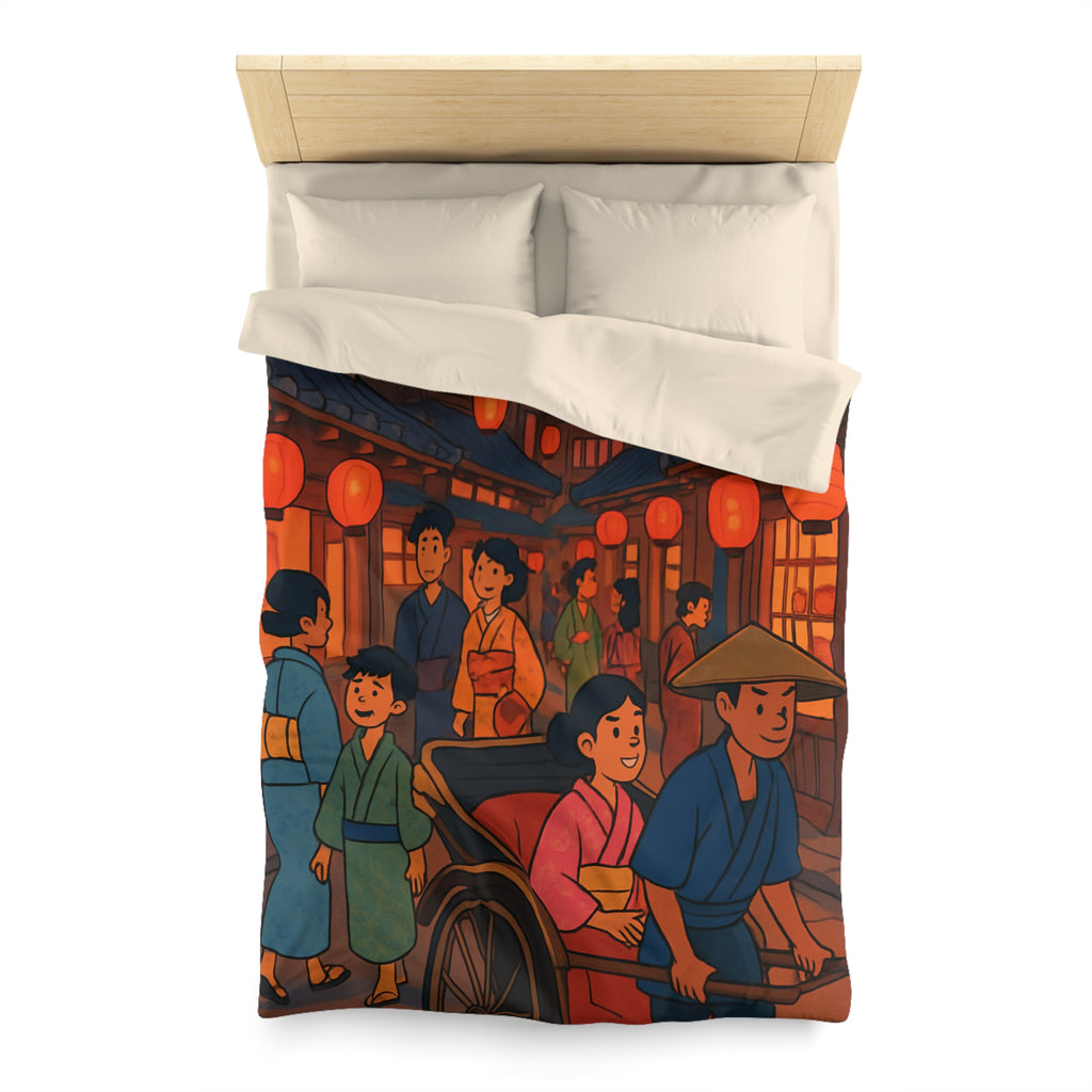 Housse de couette nocturne rouge et jaune avec lanterne et scène japonaise animée