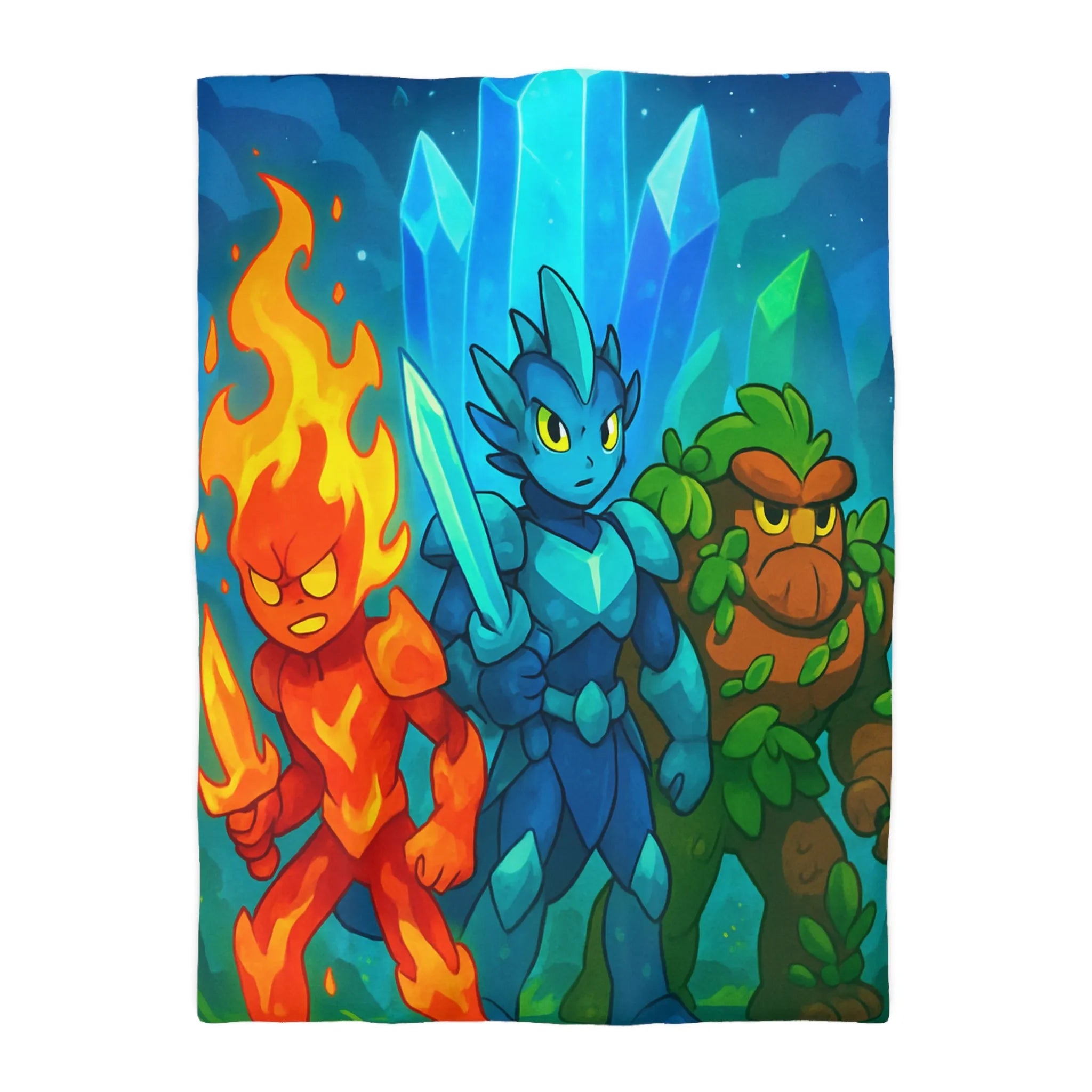 Housse de couette avec personnages élémentaires : feu, glace et terre, ambiance fantastique