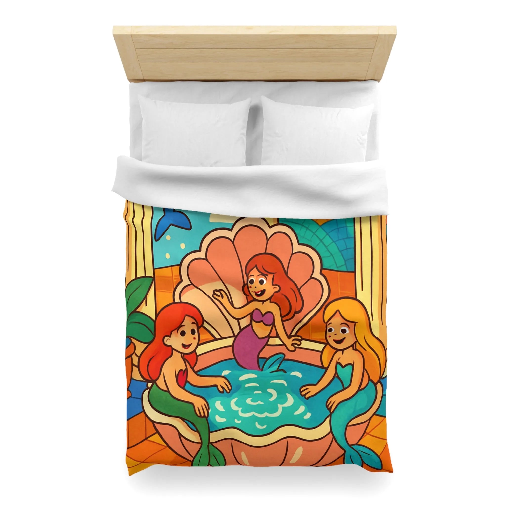 Housse de couette artistique avec sirènes joyeuses dans un coquillage, ambiance paradisiaque