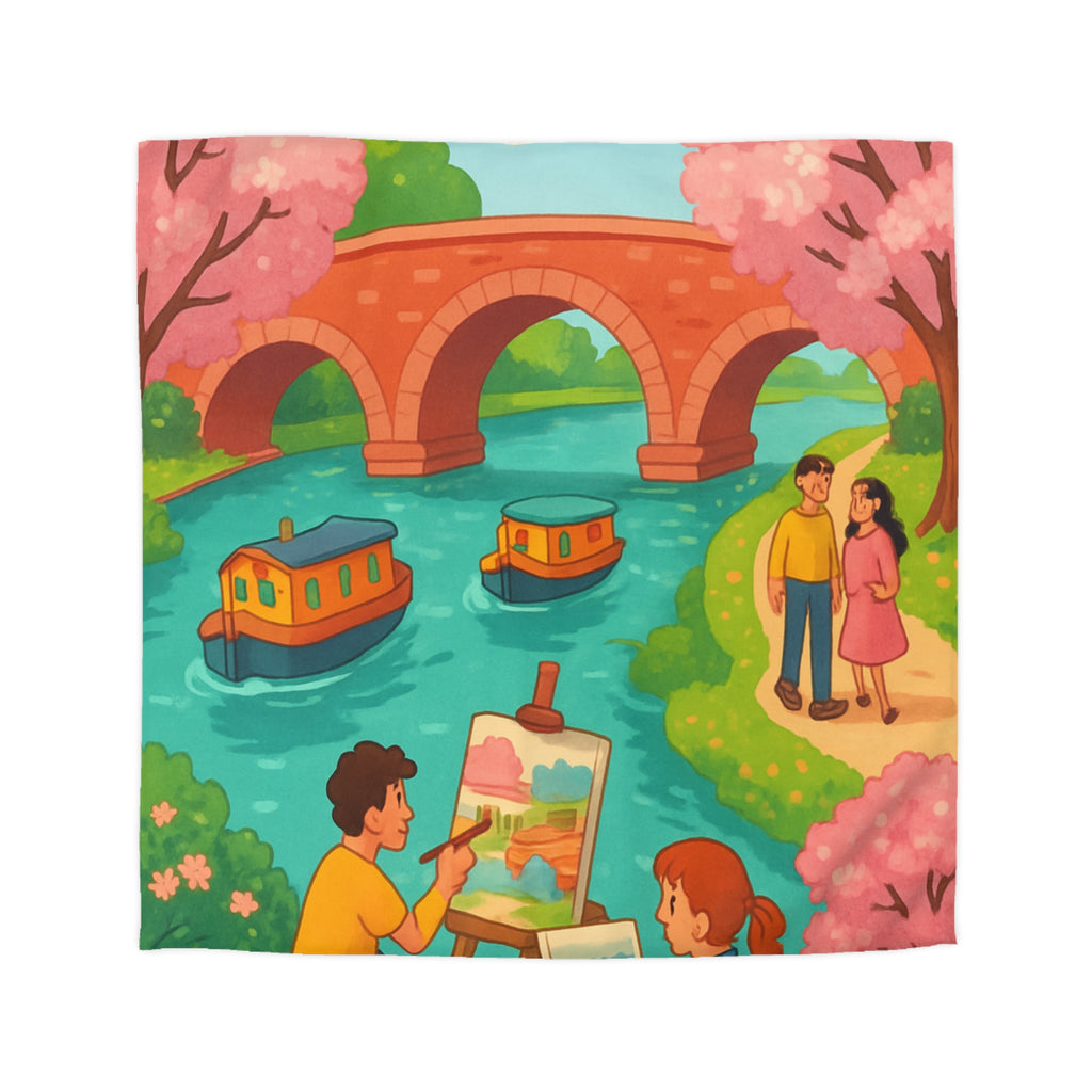 Housse de couette printemps campagne avec paysage pont, arbres en fleurs, artistes peignant