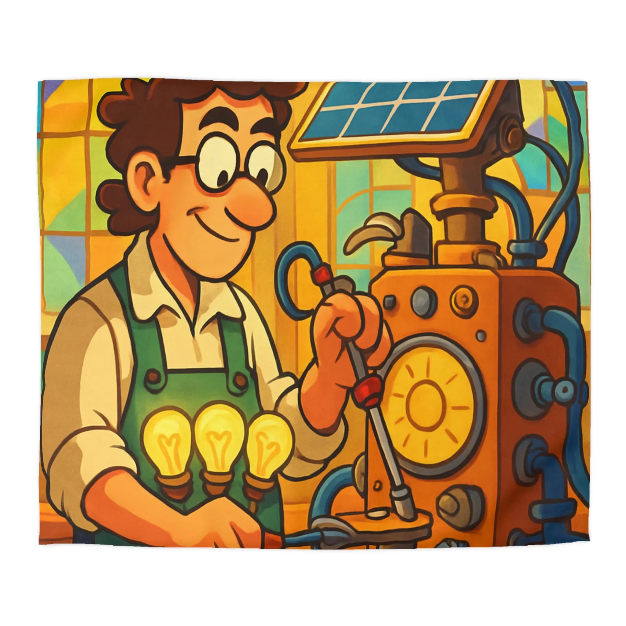 Housse de Couette Illustre Inventeur avec Machine Énergétique et Vitrail Coloré Artistique