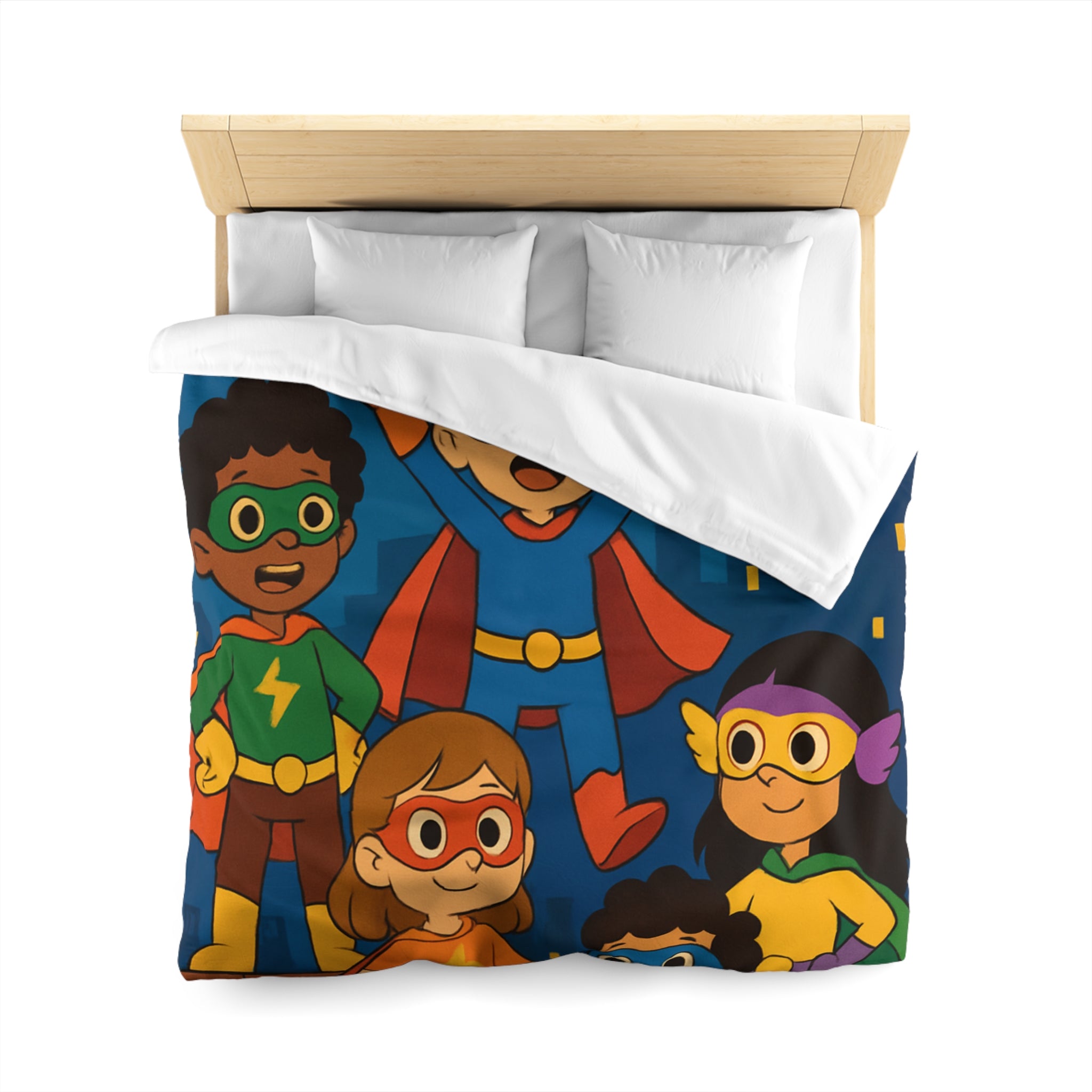 Super-héros Enfants Volant Nuit Ciel Étoilé Ville Amis Confiants Housse de Couette Colorée