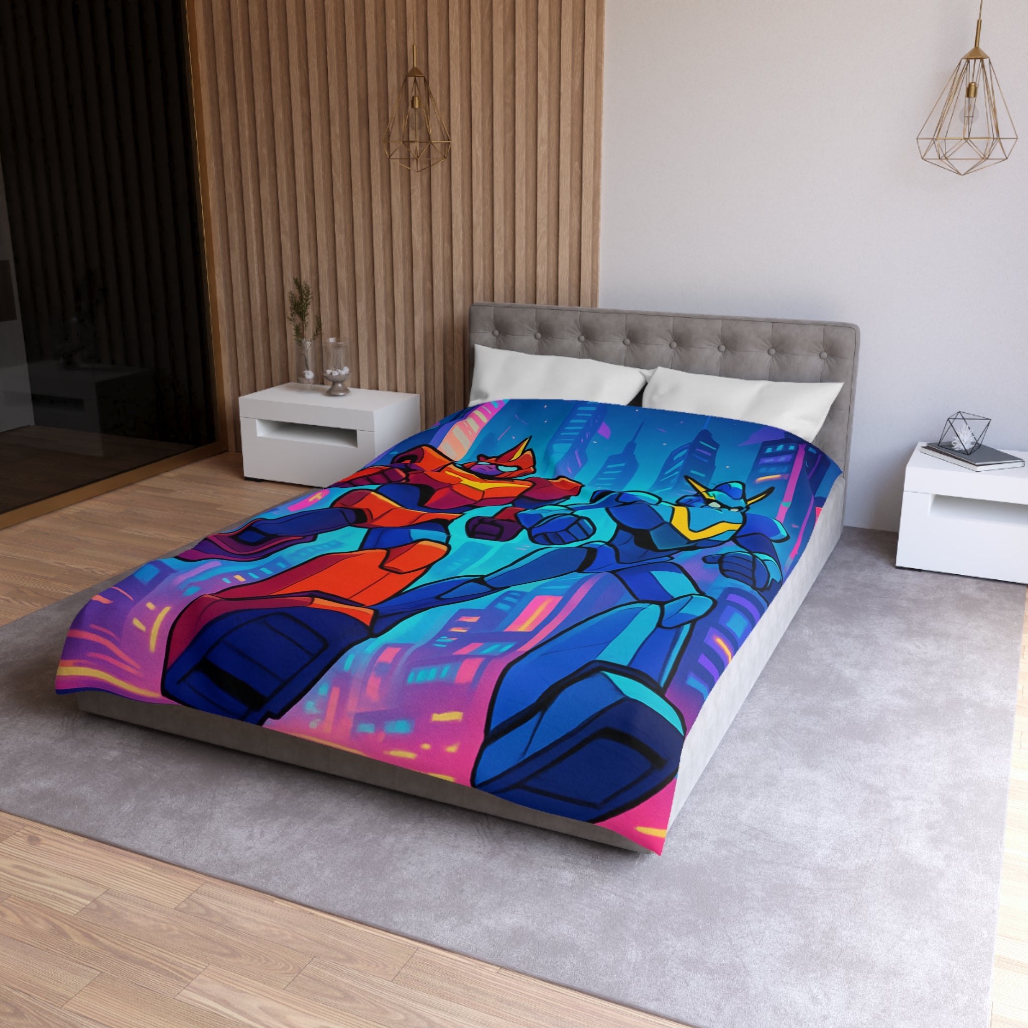 Housse de couette robot futuriste colorée, style rétro avec ambiance urbaine dynamique