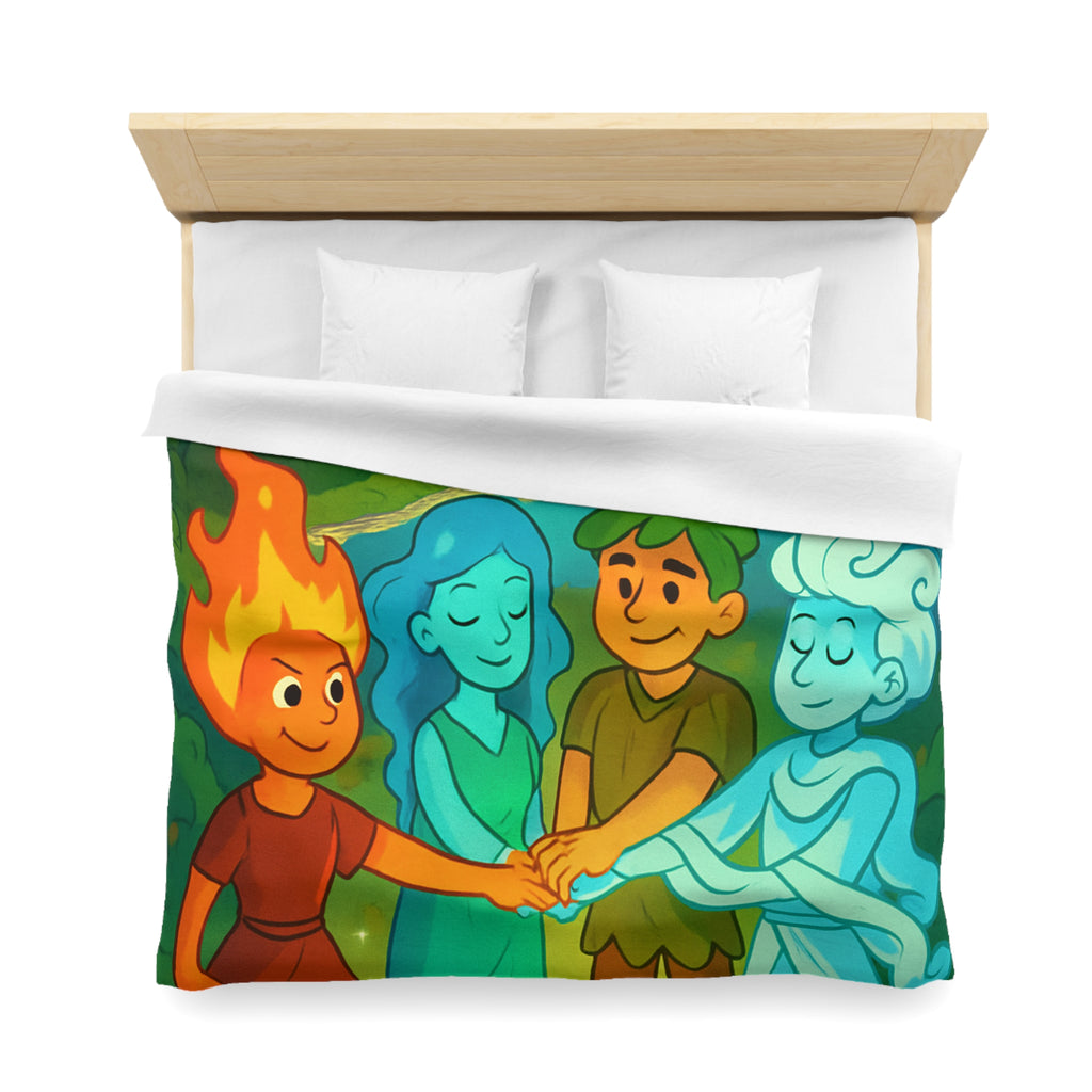 Housse de Couette Nature Enchantée avec Éléments Terre, Feu, Air et Eau Unifiés