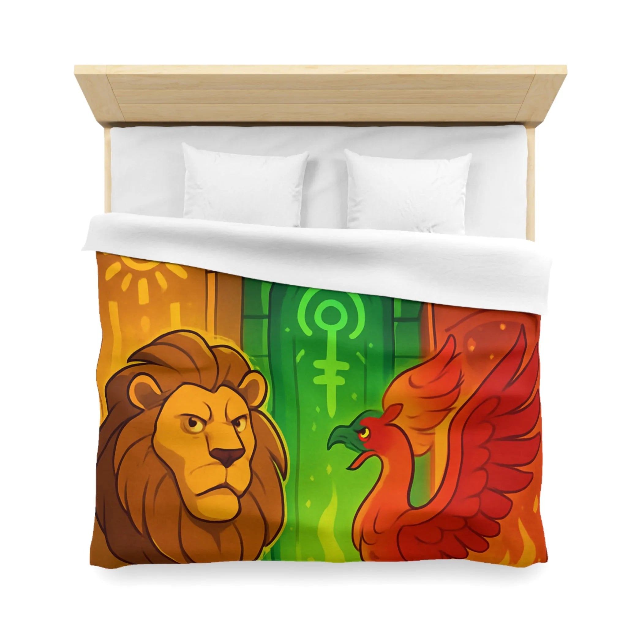 Housse de couette avec motifs lion, serpent et phénix sur fond médiéval magique