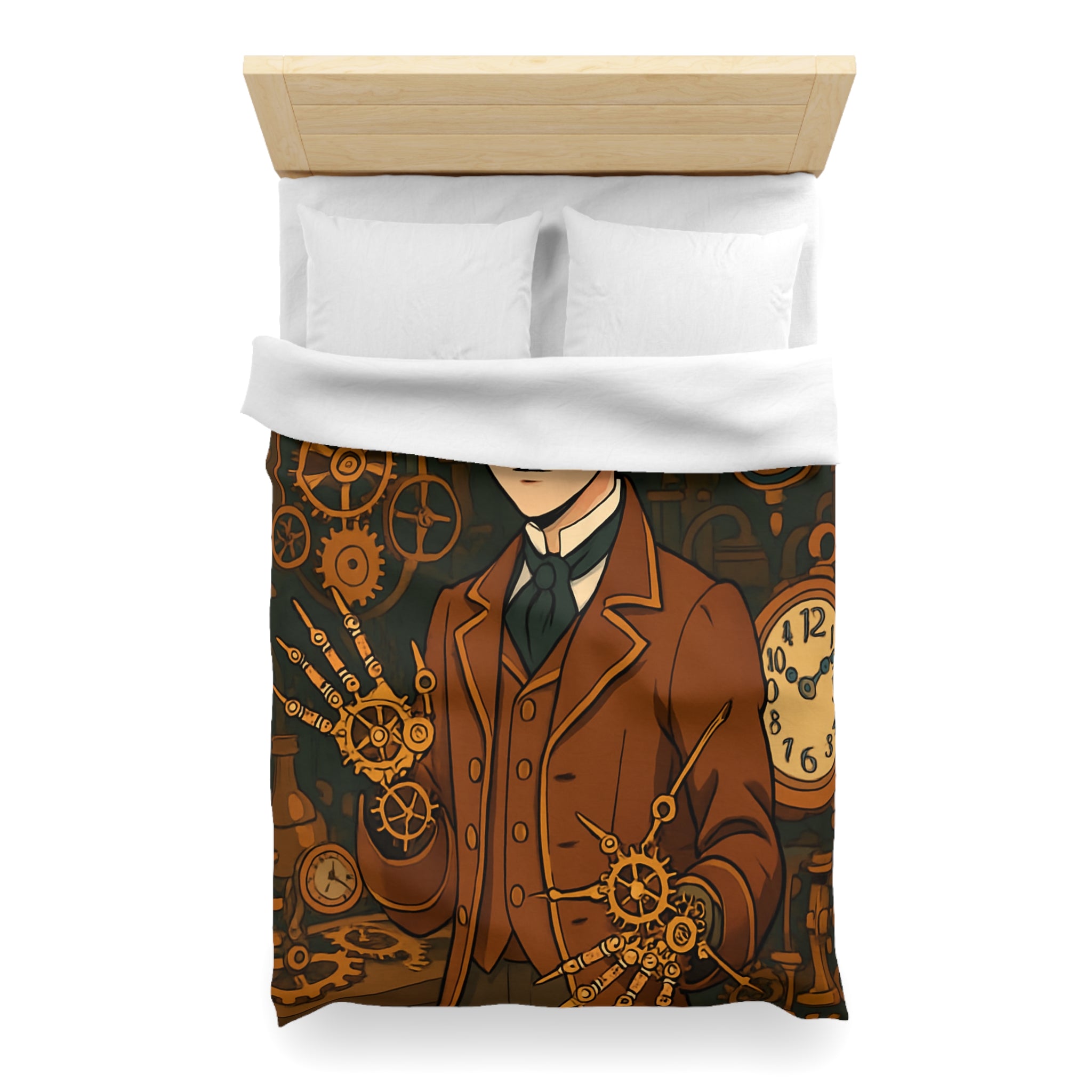 Housse de couette steampunk avec horloges et personnage stylé en tenue victorienne