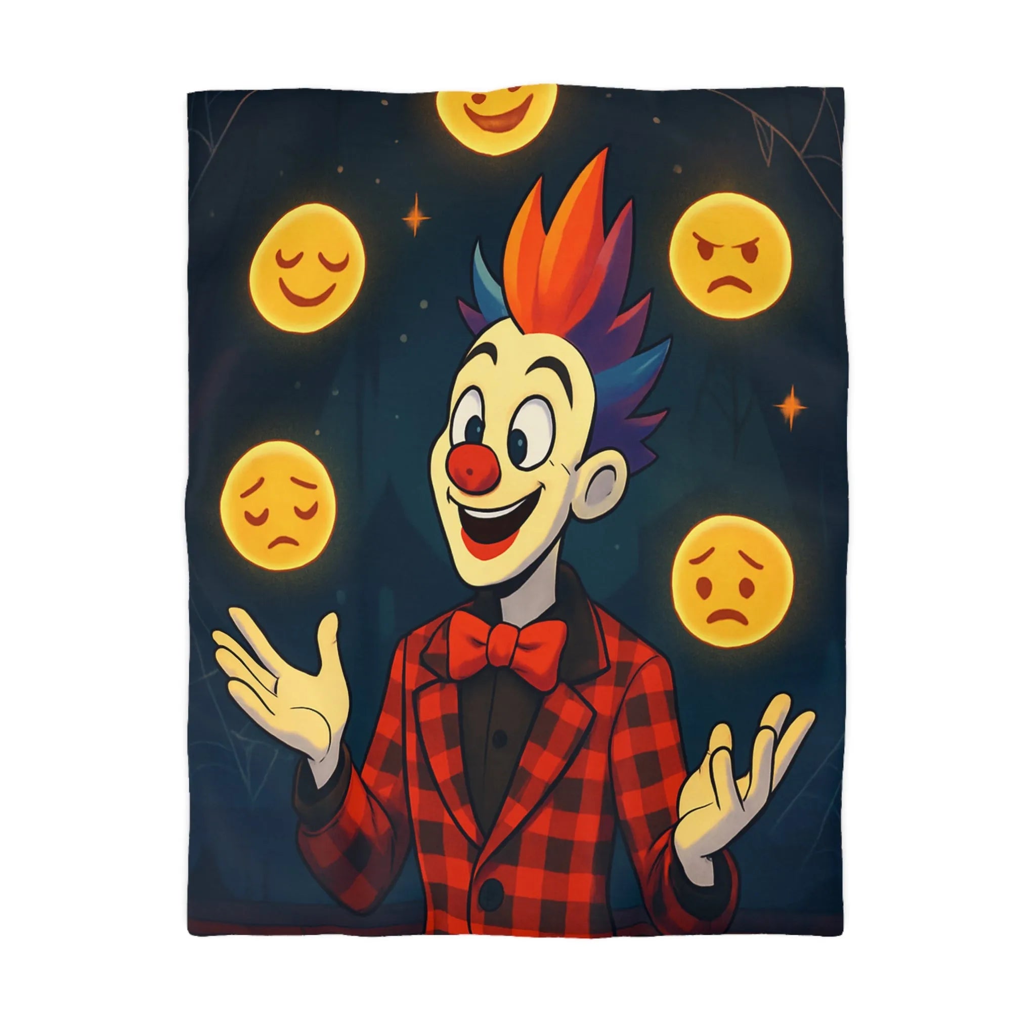 Housse de couette clown coloré dans un cirque avec émojis expression faciale variée