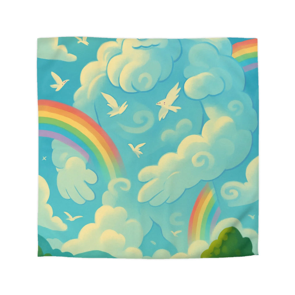Housse de couette colorée nuageux avec ciel ensoleillé, arc-en-ciel et oiseaux blancs