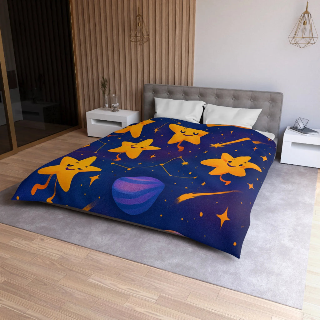 Housse de couette avec étoiles souriantes et planètes cartoon pour chambre d'enfant