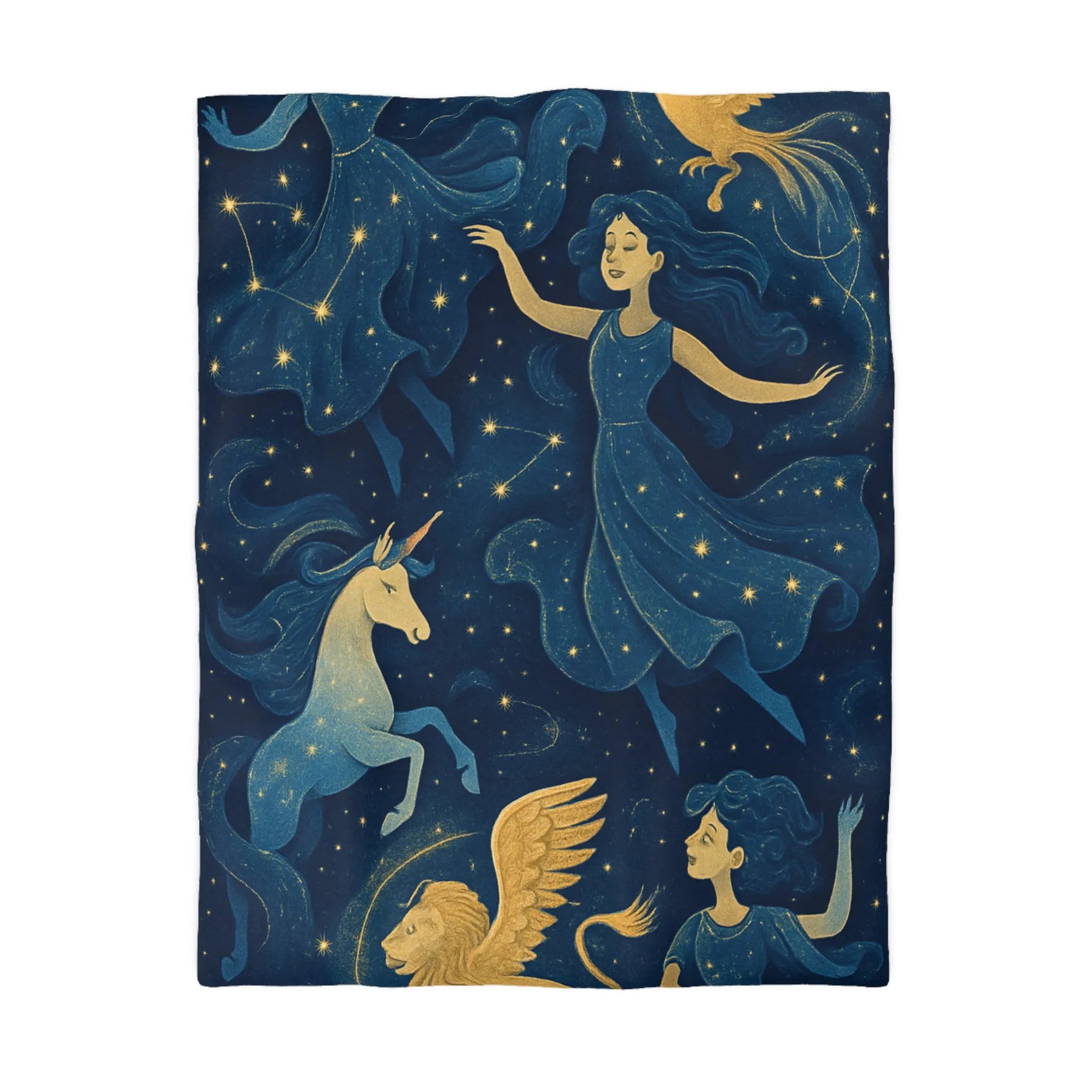 Housse de couette étoilée avec créatures mythiques et danseuses dans une palette bleue or