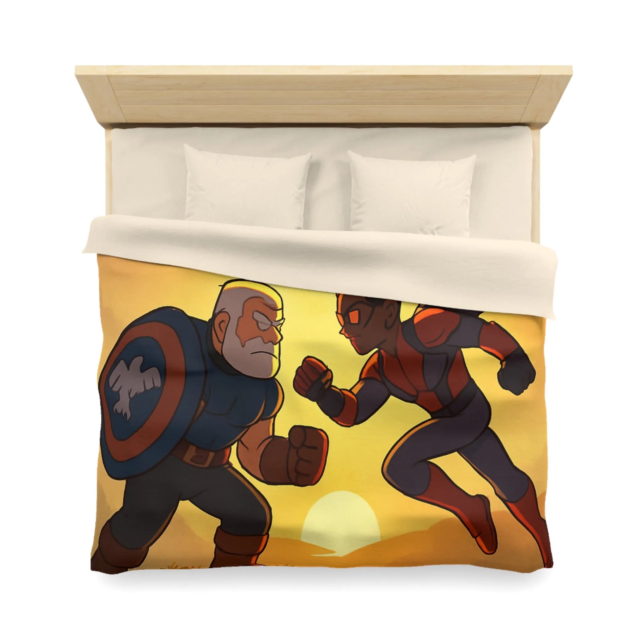 Housse de couette épique avec scène de combat héroïque au coucher du soleil