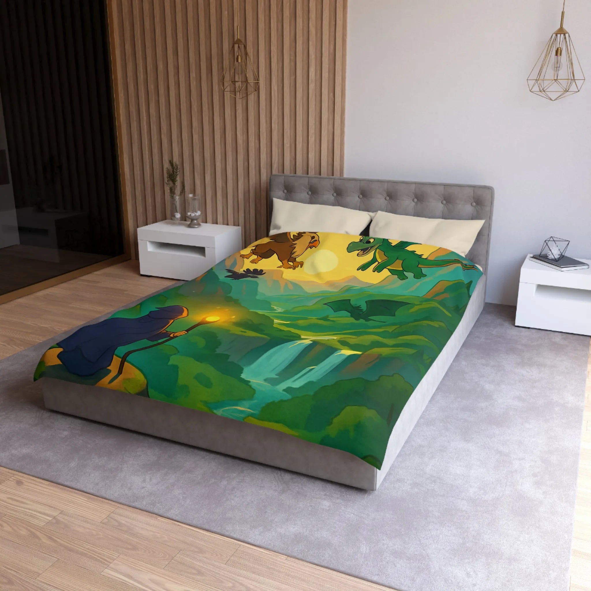 Épopée fantastique avec dragon et sorcier dans vallée mystique pour chambre aventureuse