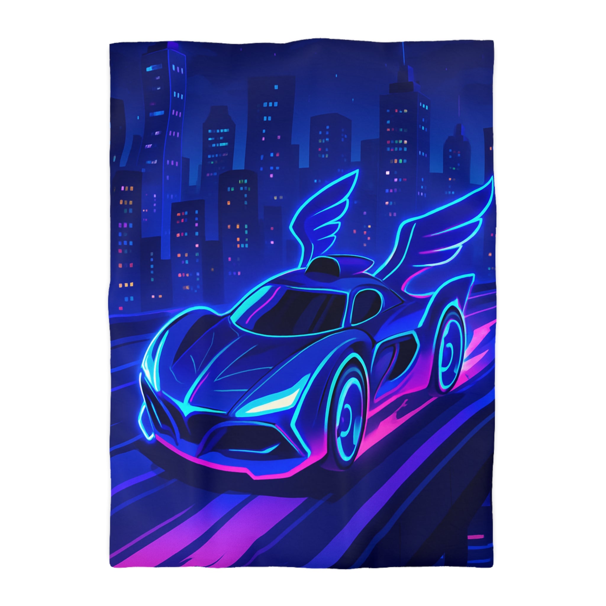 Housse de couette néon voiture futuriste volant dans une ville aux reflets lumineux