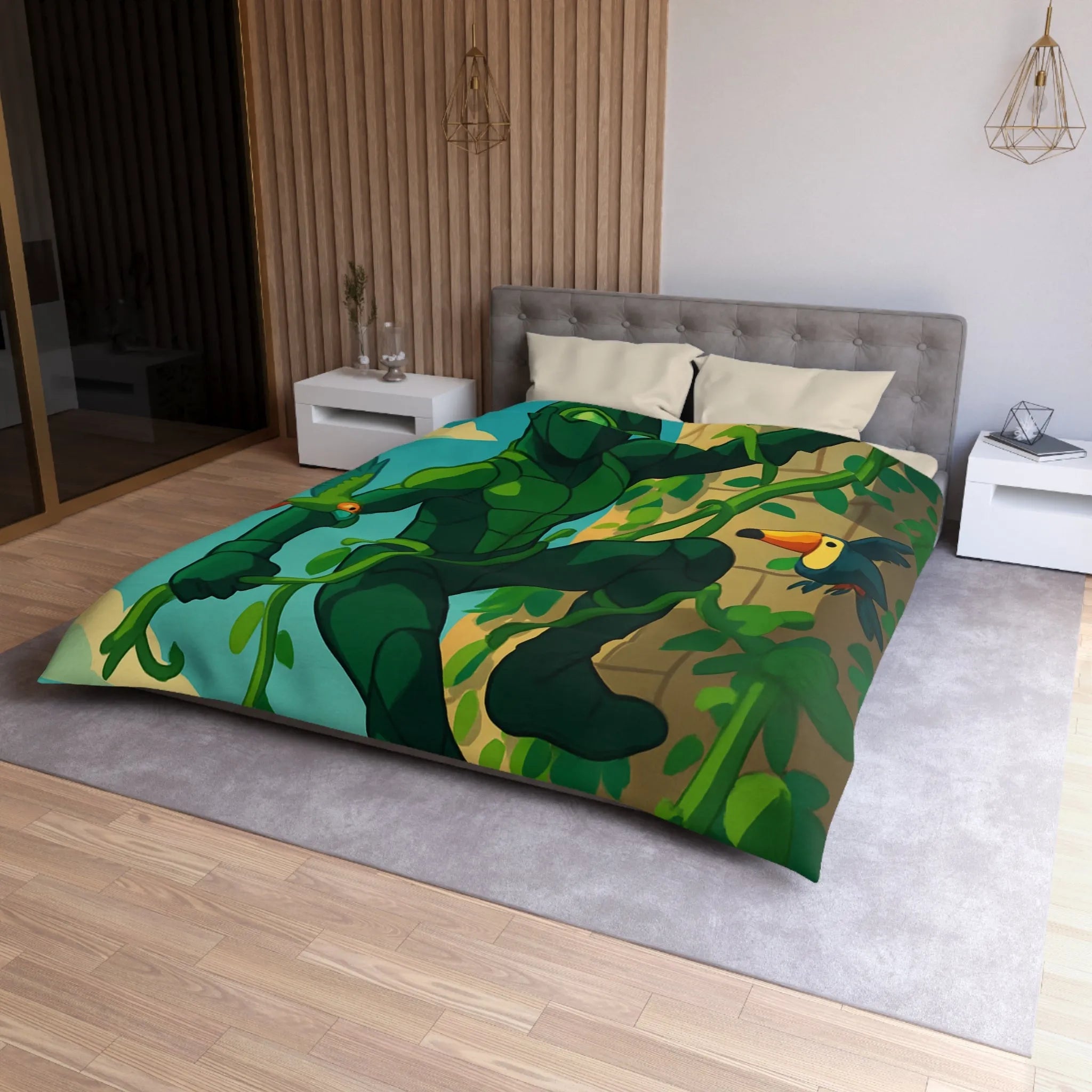 Housse de couette jungle animée avec héros vert grimpant et oiseaux colorés