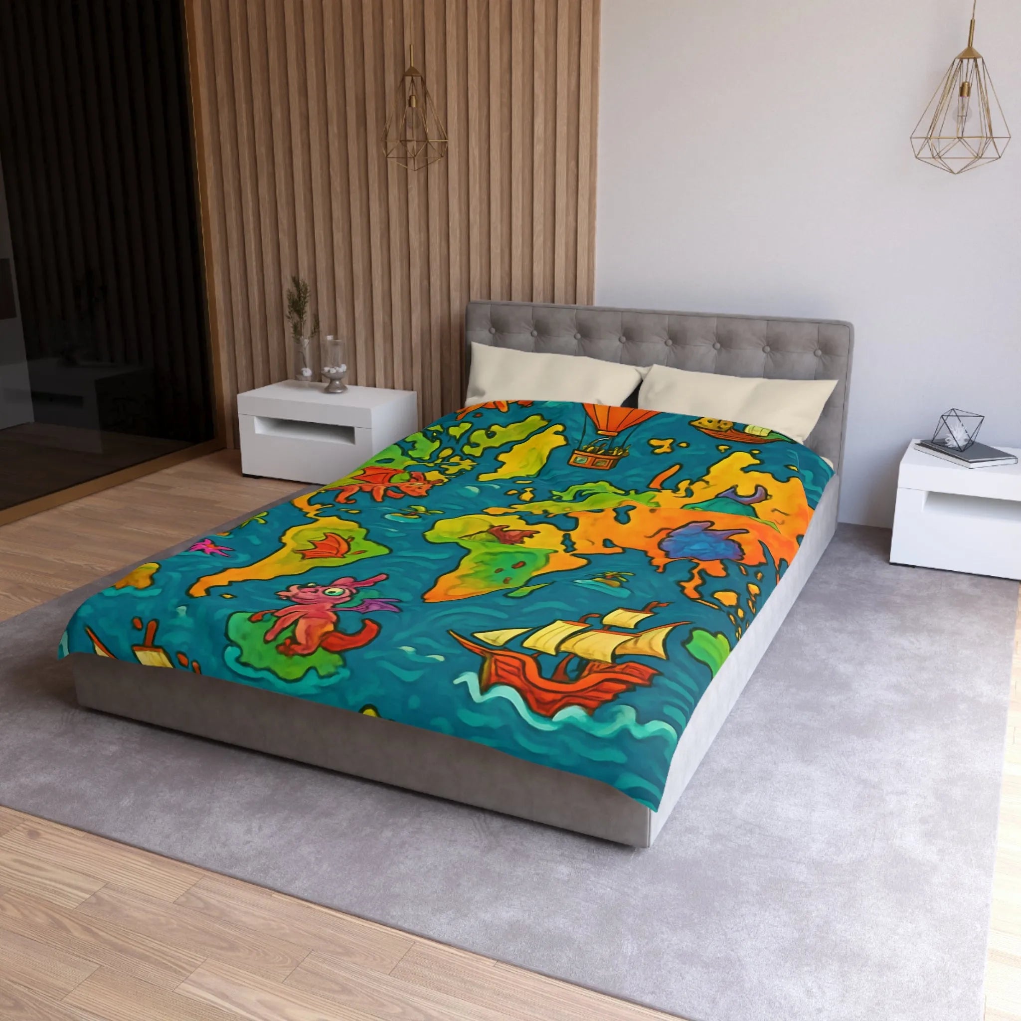 Housse de couette carte monde fantastique avec dragons et bateaux pour enfant