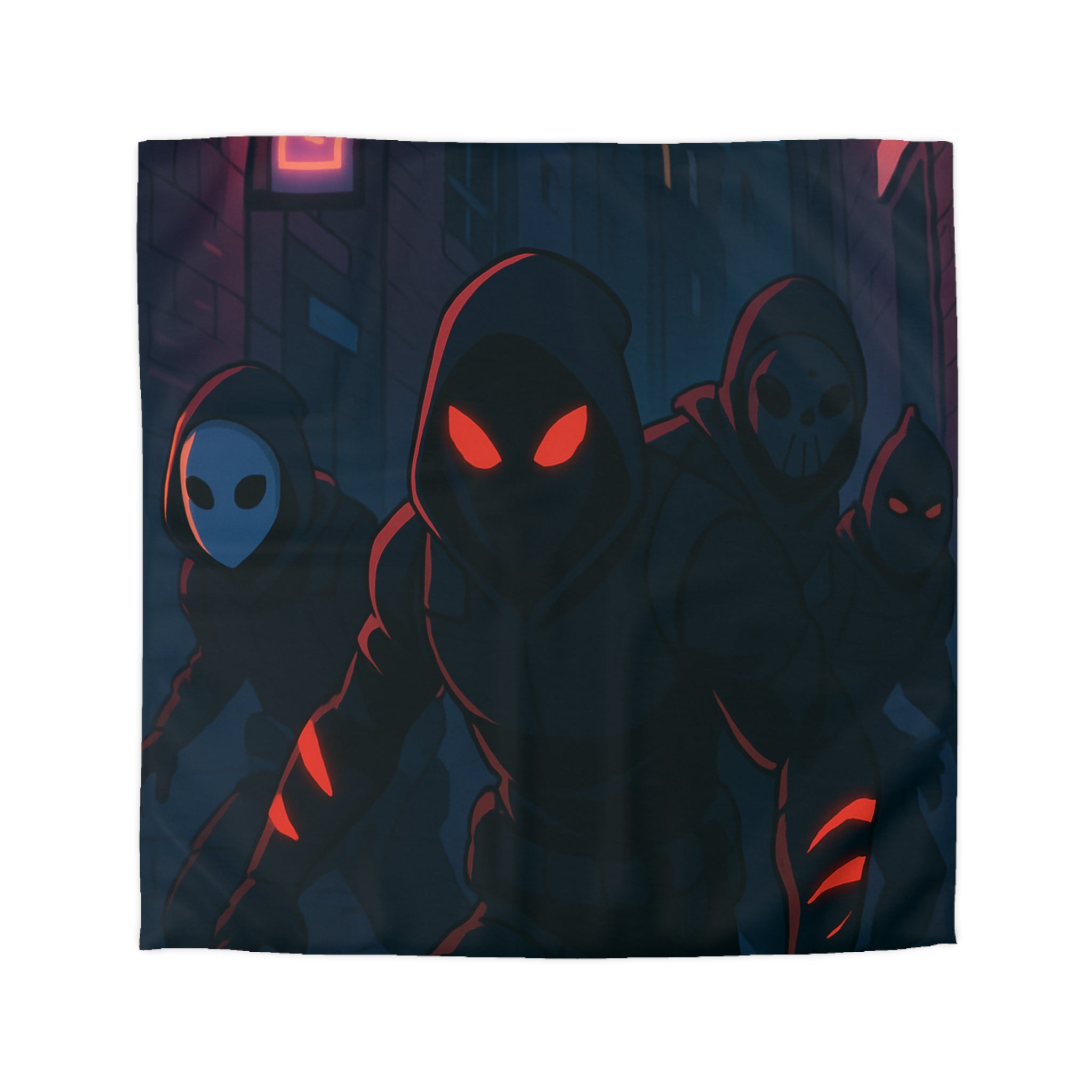 Housse de couette urbaine avec silhouettes mystérieuses et ambiance sombre néon