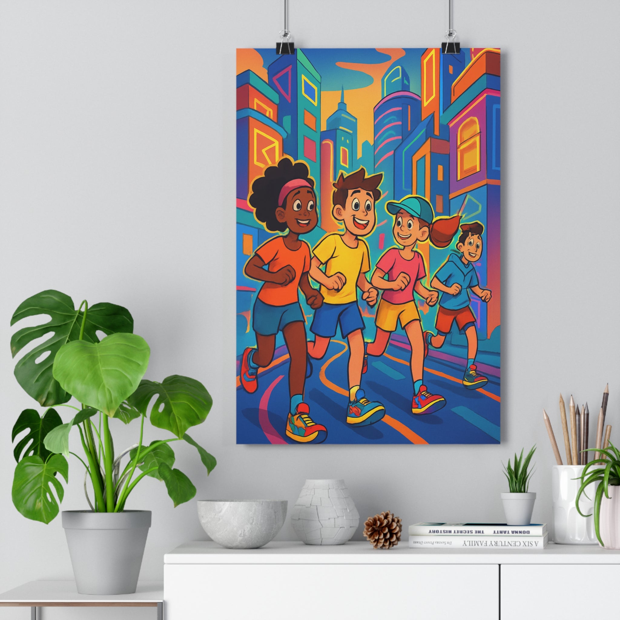 Poster décoratif aventure urbaine enfants cartoon bleu orange rose chambre moderne coloré joyeux dynamique