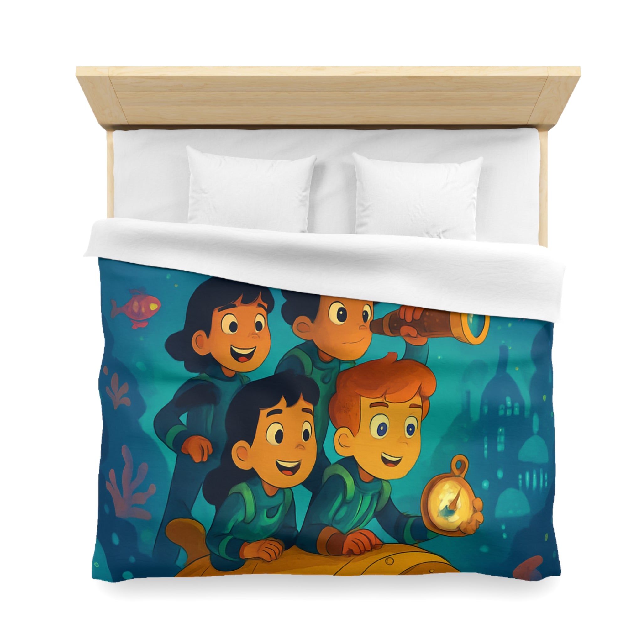 Housse de couette sous-marine avec enfants explorateurs et animaux marins joyeux