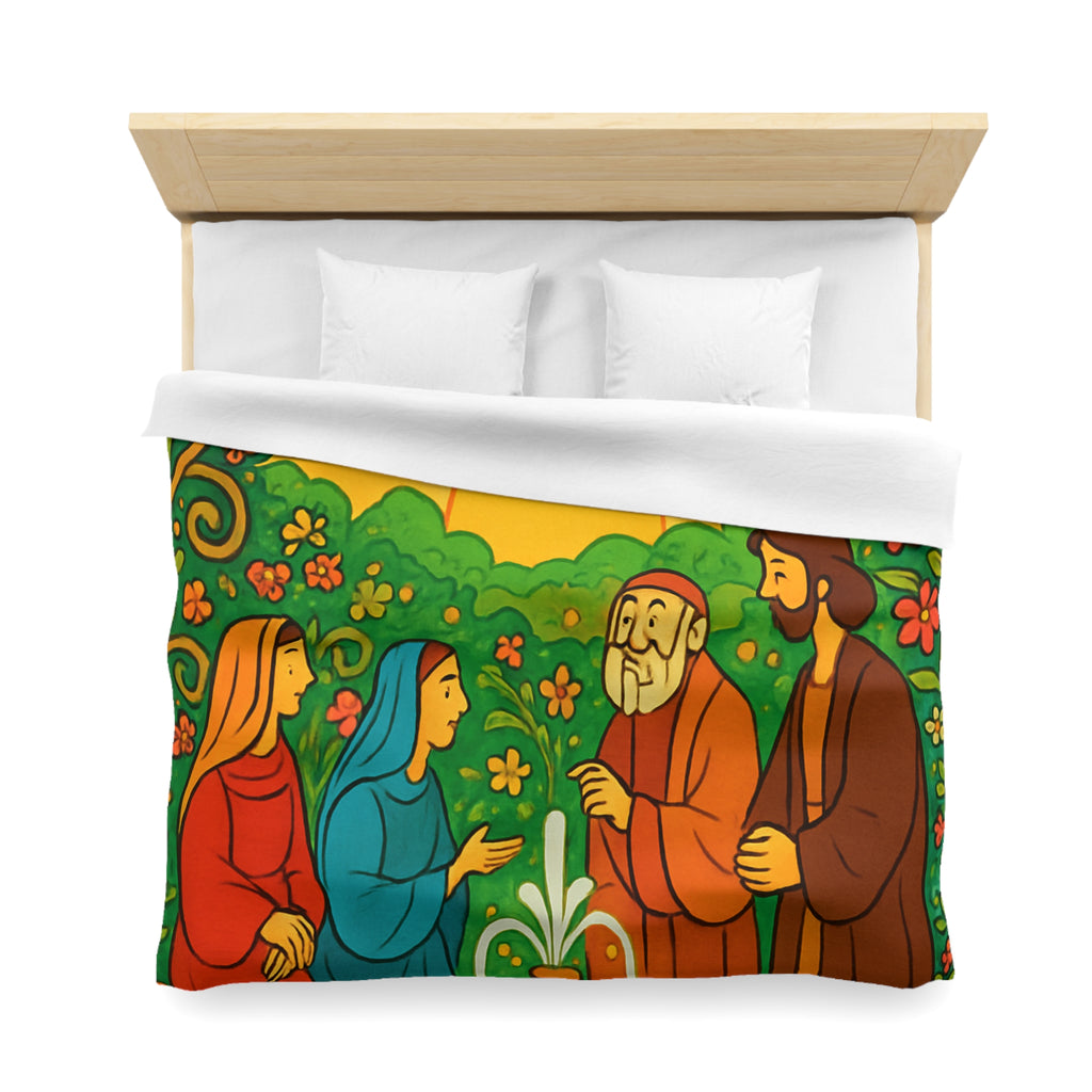 Housse de couette vibrante avec scène florale colorée et figures en discussion harmonieuse