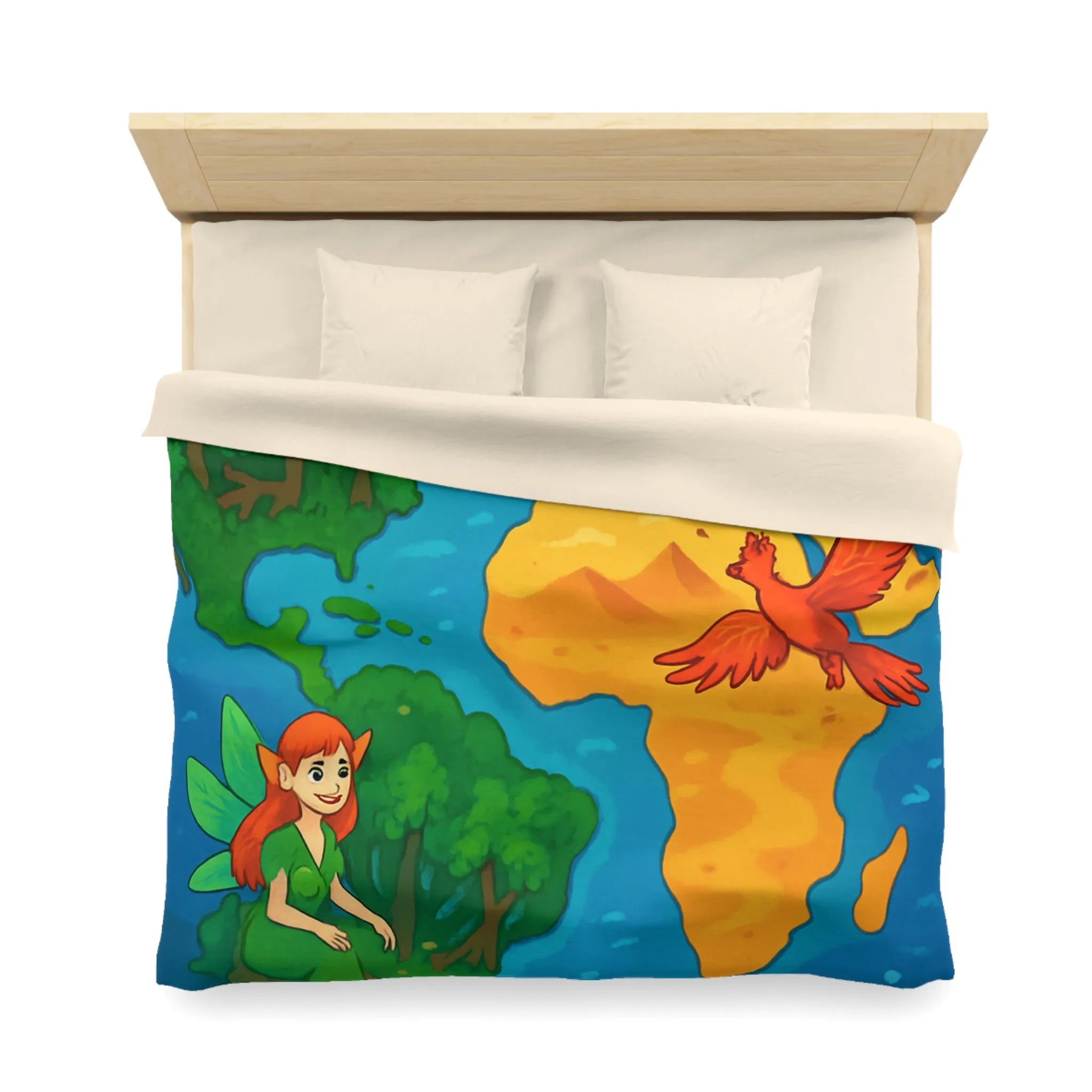 Housse de couette fantastique colorée avec créatures élémentaires de la terre, de l'air et de l'eau