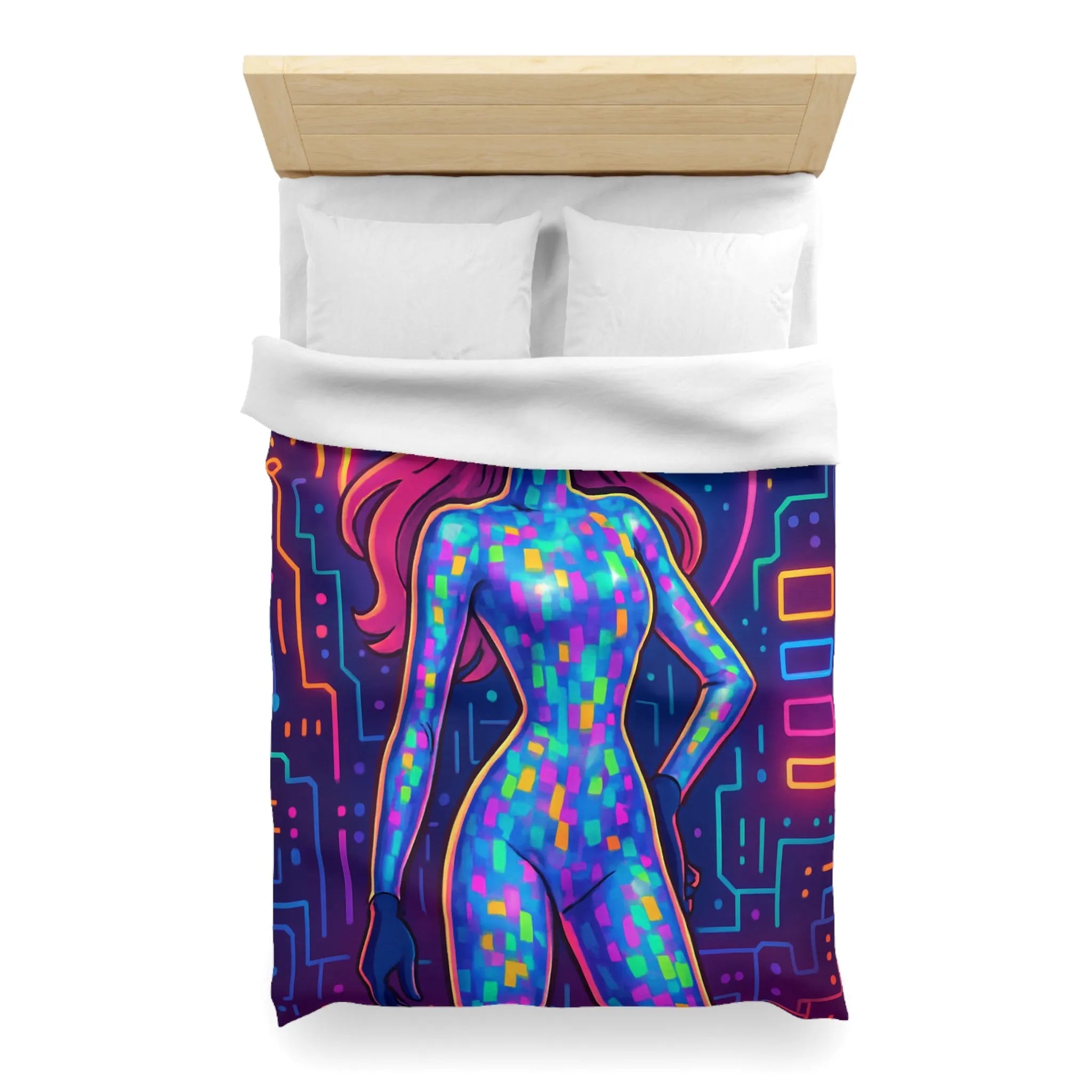 Housse de couette futuriste néon avec motif de femme cyborg colorée et lumineuse