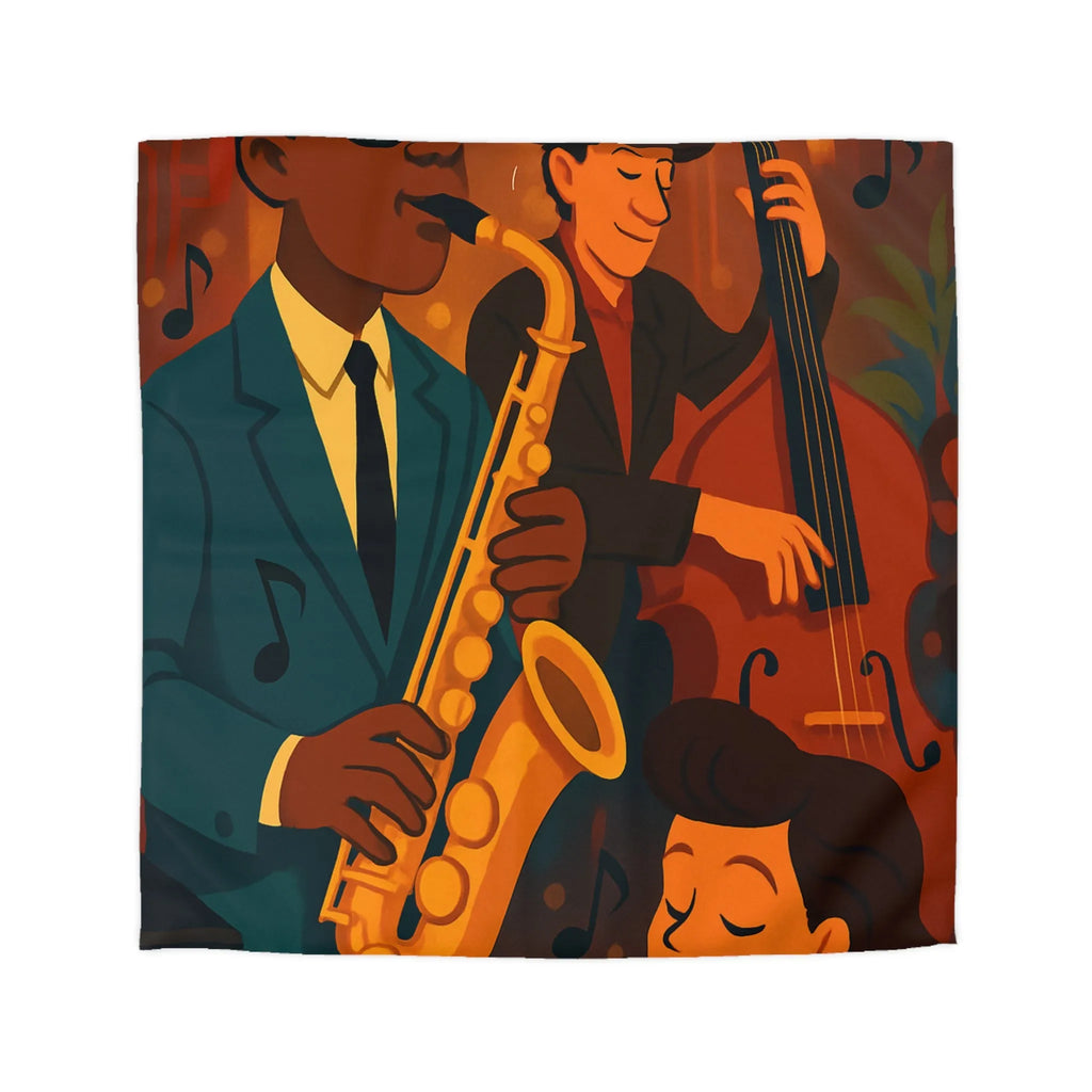 Housse de couette jazz rétro avec musiciens passionnés jouant du saxophone et contrebasse