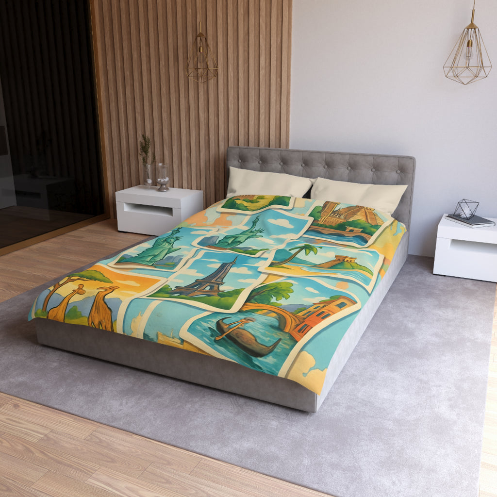 Voyage Mondial Coloré: Housse de Couette avec Monuments et Paysages Iconiques des Continents