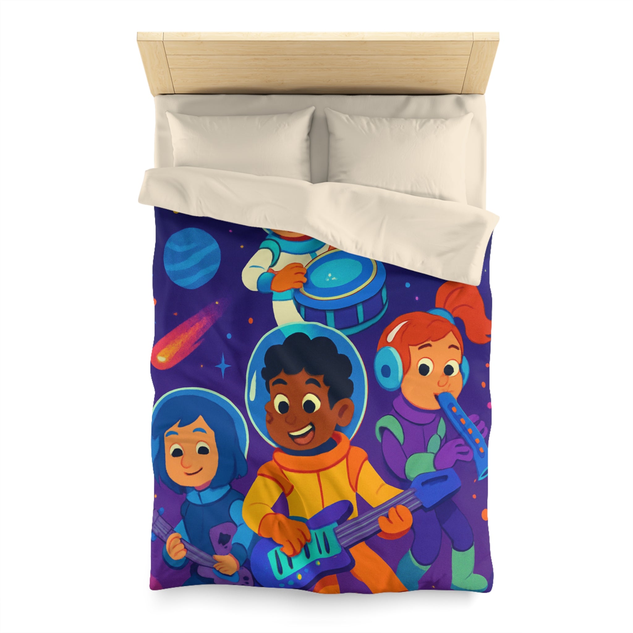 Housse de couette spatiale colorée avec enfants musiciens et planètes virevoltantes