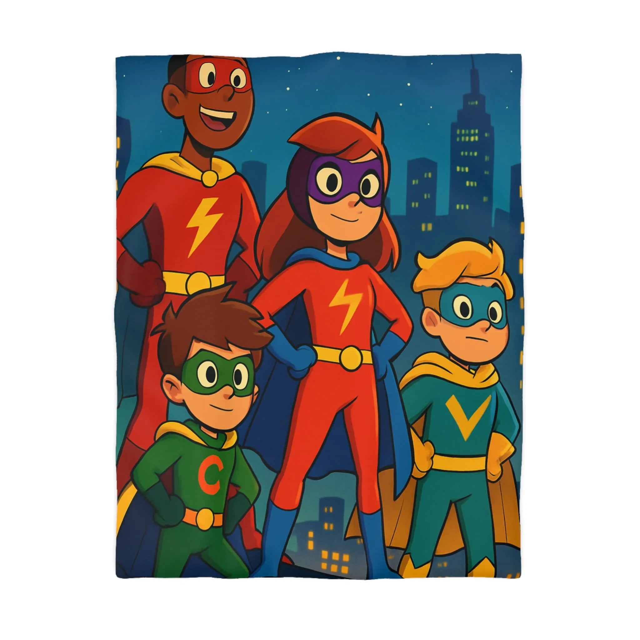 Housse de couette colorée super-héros pour enfants avec scène urbaine lumineuse et joyeuse