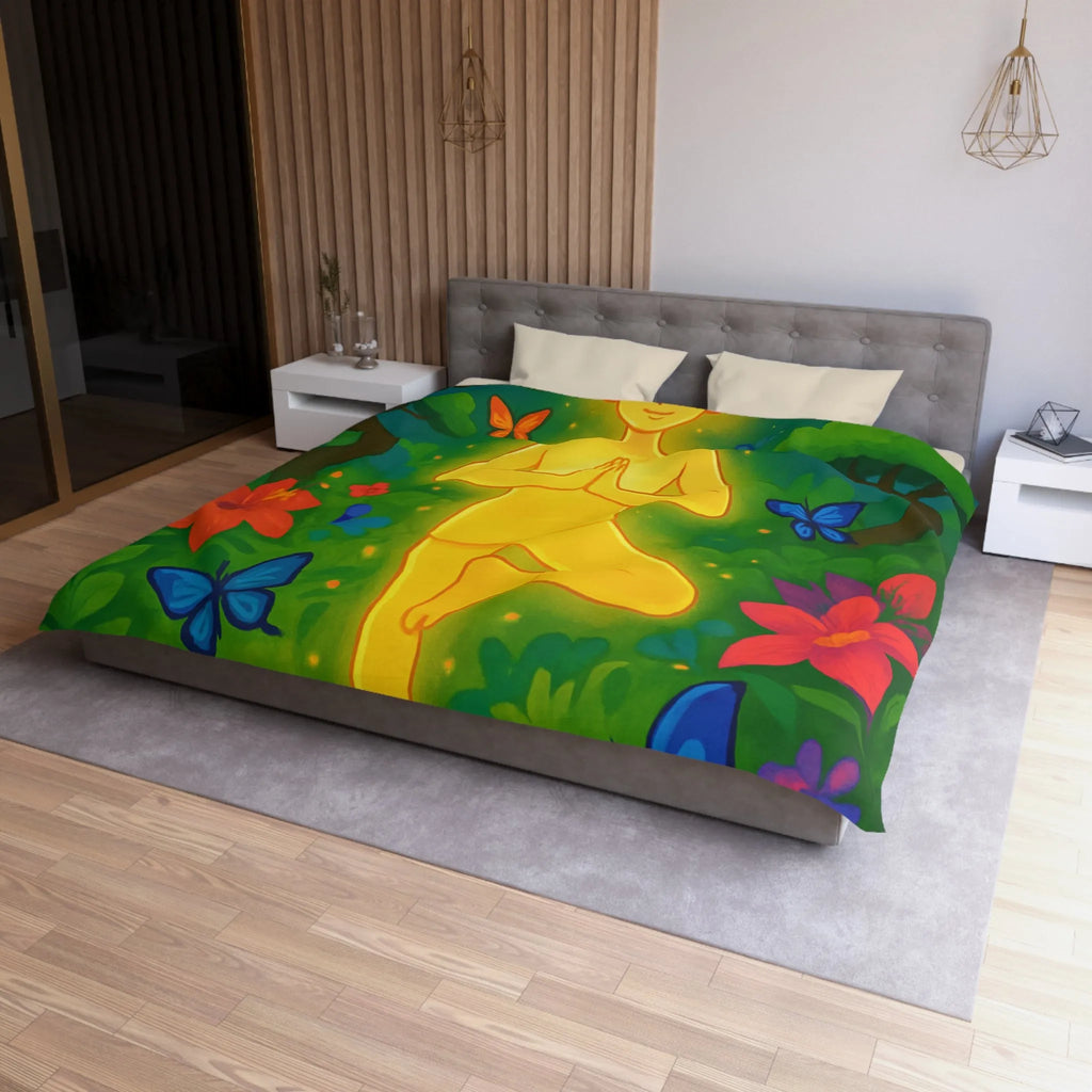 Housse de Couette avec Design Méditatif et Papillons Multicolores en Forêt Luxuriante