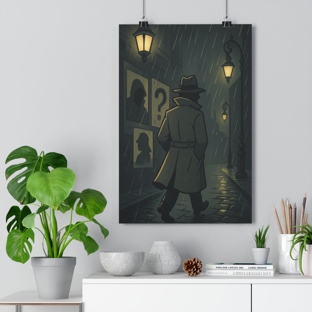 Poster décoratif mystérieux film noir dessin animé sombre intrigue imperméable chapeau pluie rue silhouette