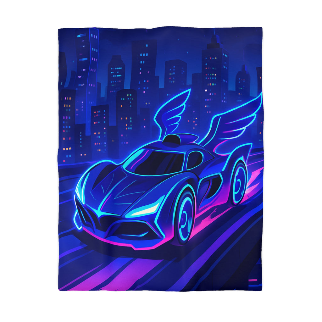 Housse de couette néon voiture futuriste volant dans une ville aux reflets lumineux