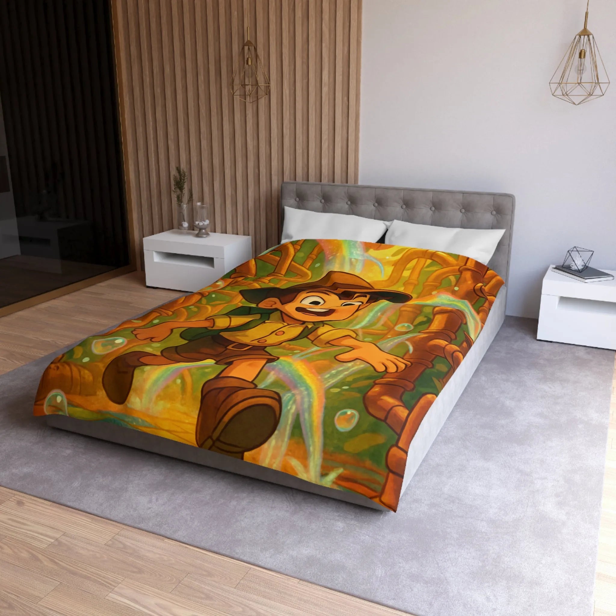 Housse de couette enfantine : garçon explorateur, tuyaux dorés, arcs-en-ciel et bulles joyeuses