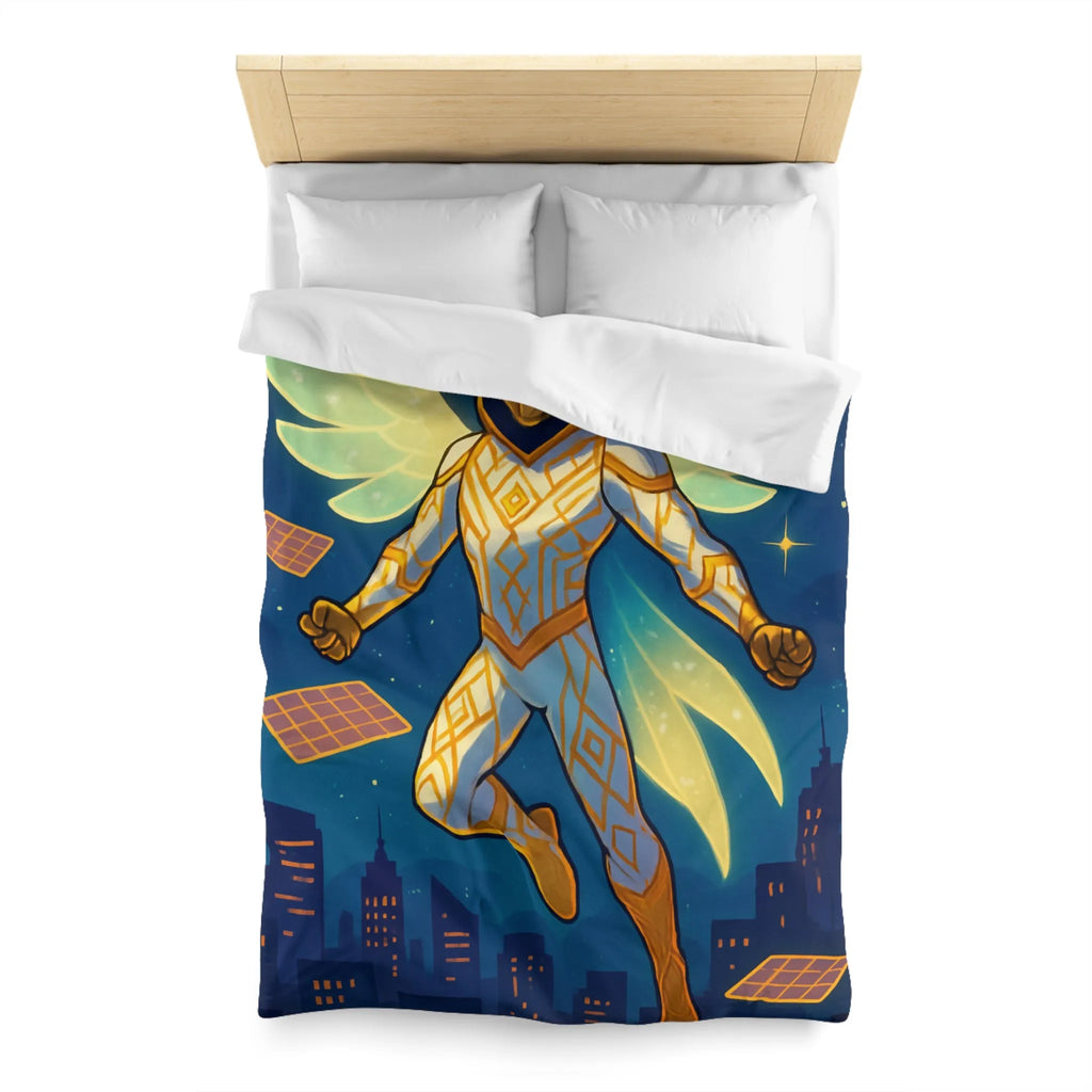 Housse de couette avec héros ailé lumineux sur ciel étoilé et ville futuriste