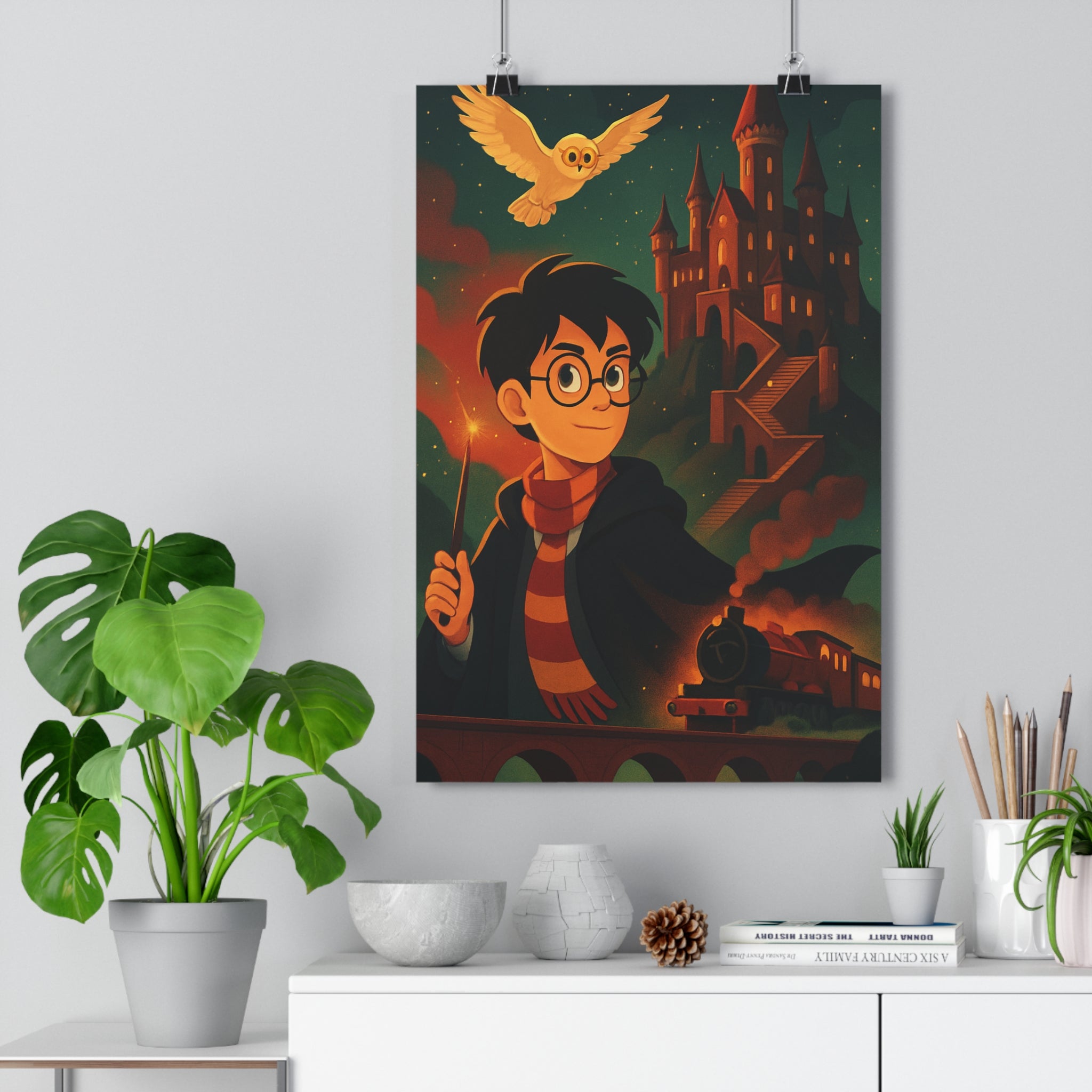 Poster décoratif mystique château rouge or sorcier ambiance magique chambre enfant mystérieux mur élégant