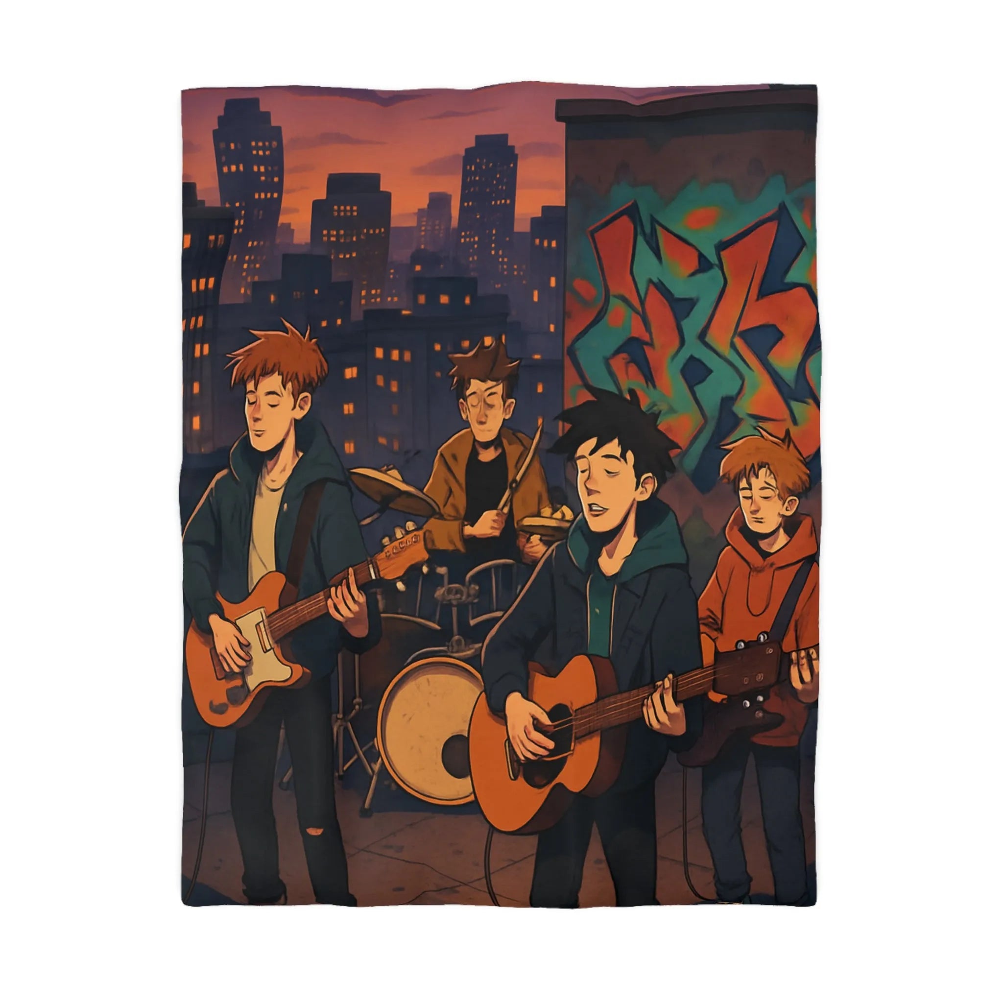 Housse de couette avec illustration de groupe jouant sur toit urbain au crépuscule