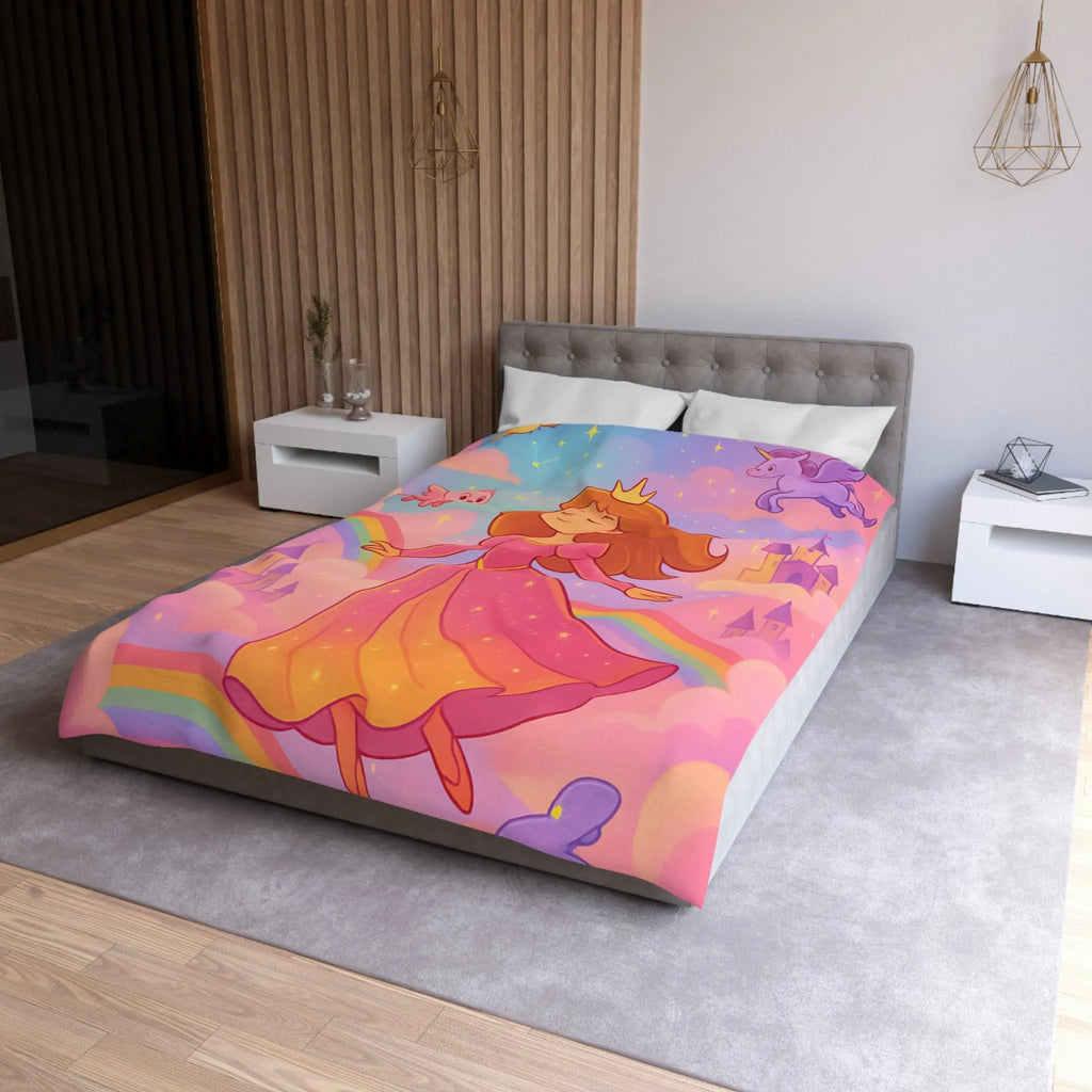 Housse de couette féerique avec princesse et animaux volants, arc-en-ciel pastel doux