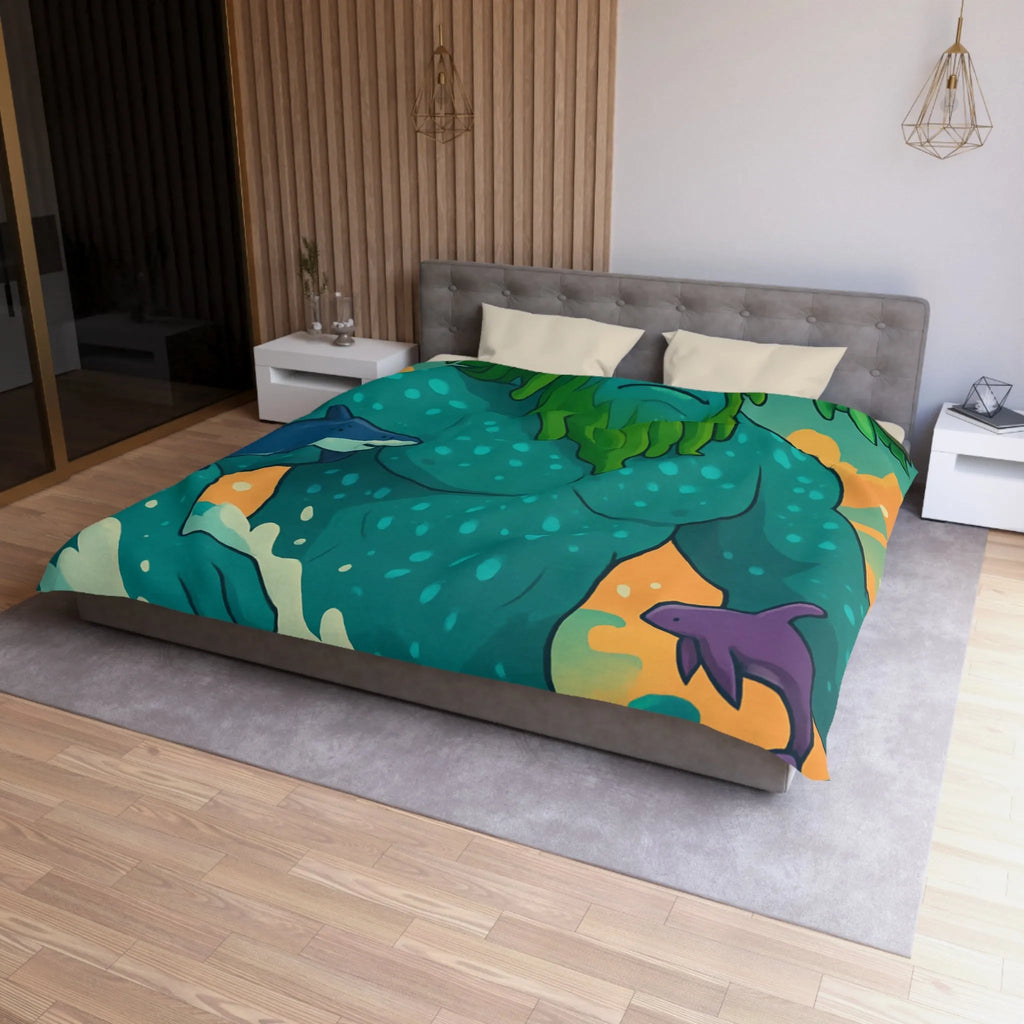 Housse de couette avec géant des mers, faune marine et ciel coloré