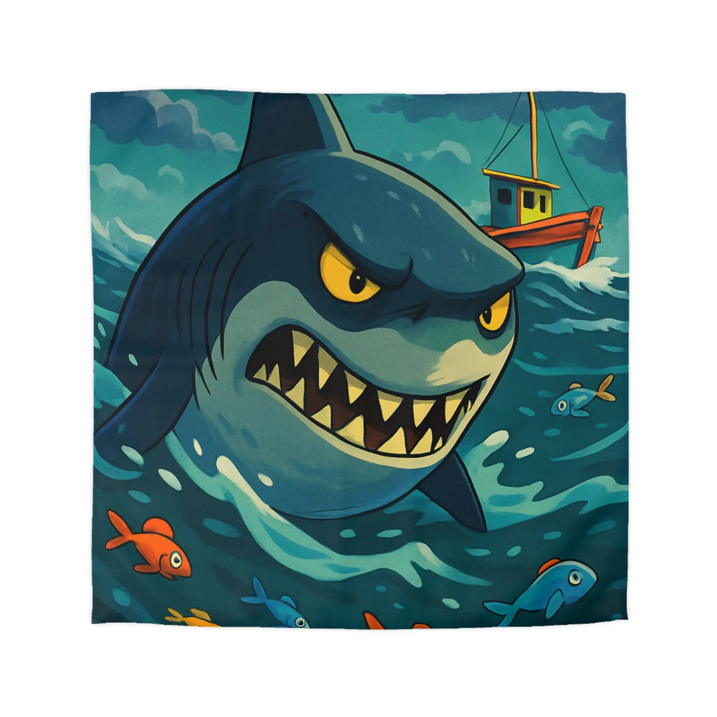 Housse de couette avec requin cartoon effrayant et poissons colorés en mer orageuse