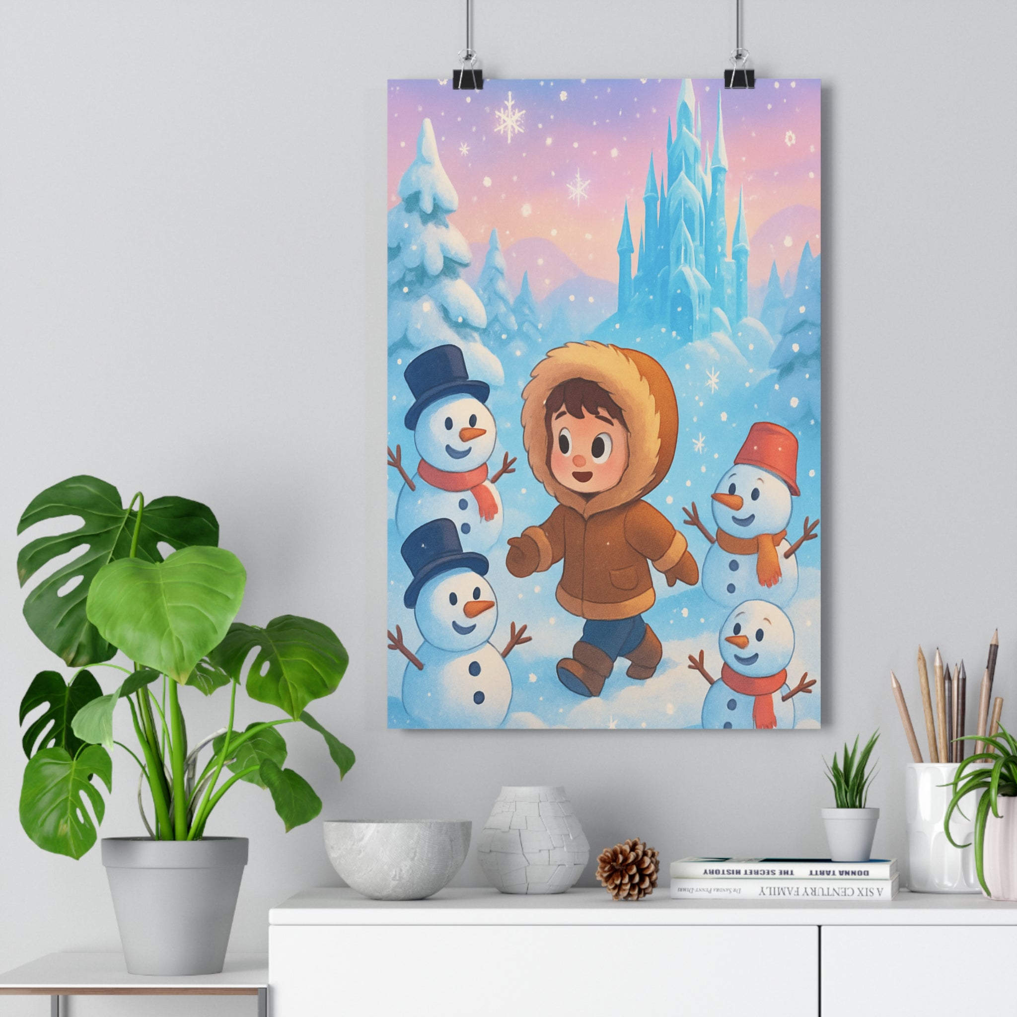 Poster décoratif hiver pastel rose bleu enfant chambre onirique joyeux paysage format 30x46 ambiance