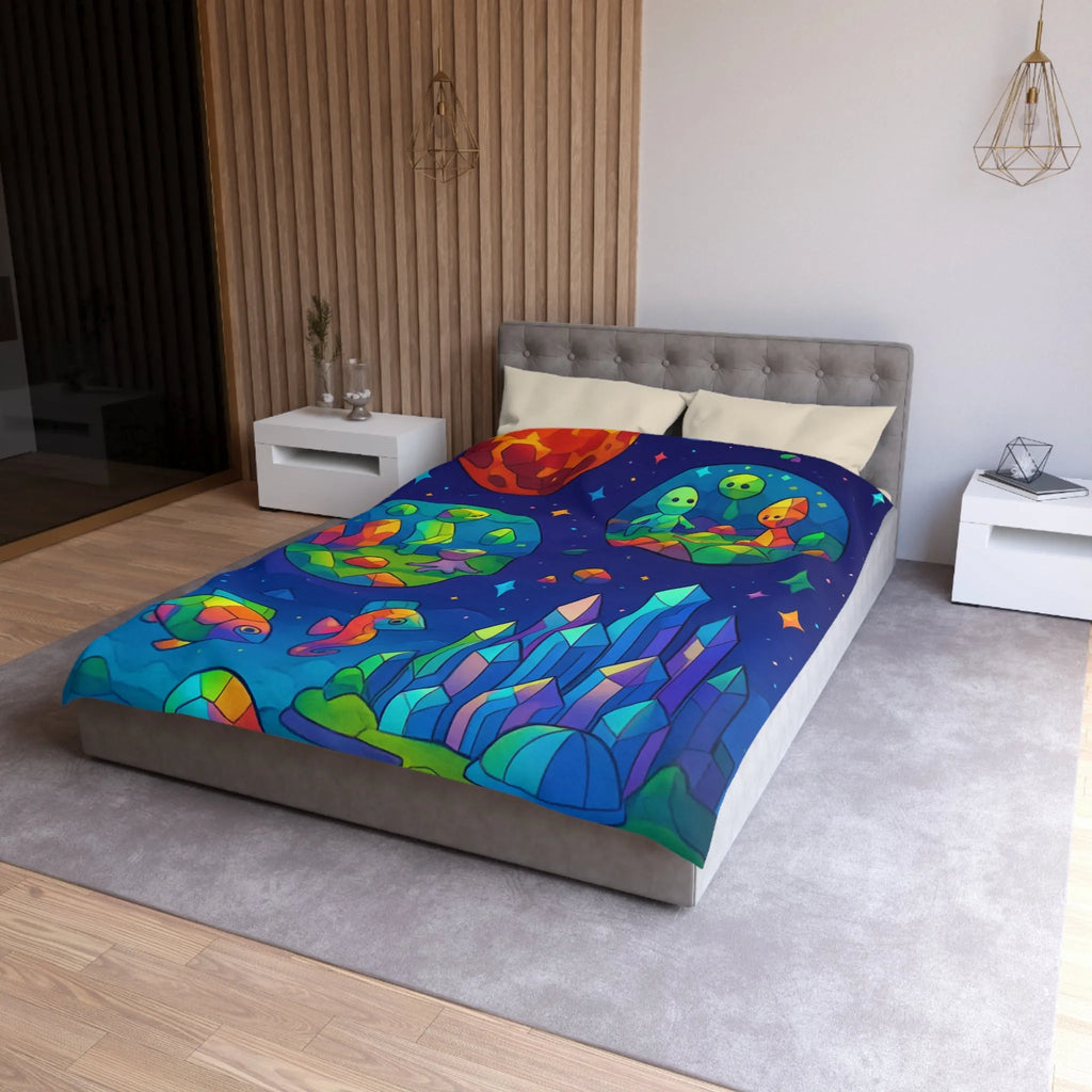 Housse de couette colorée avec paysages extraterrestres, créatures mignonnes et cristaux célestes